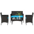 4 Pieces Wicker Outdoor Balcony Furniture Set Rattan Patio Furniture Set with Loveseat Chairs Glass Coffee Table Turquoise