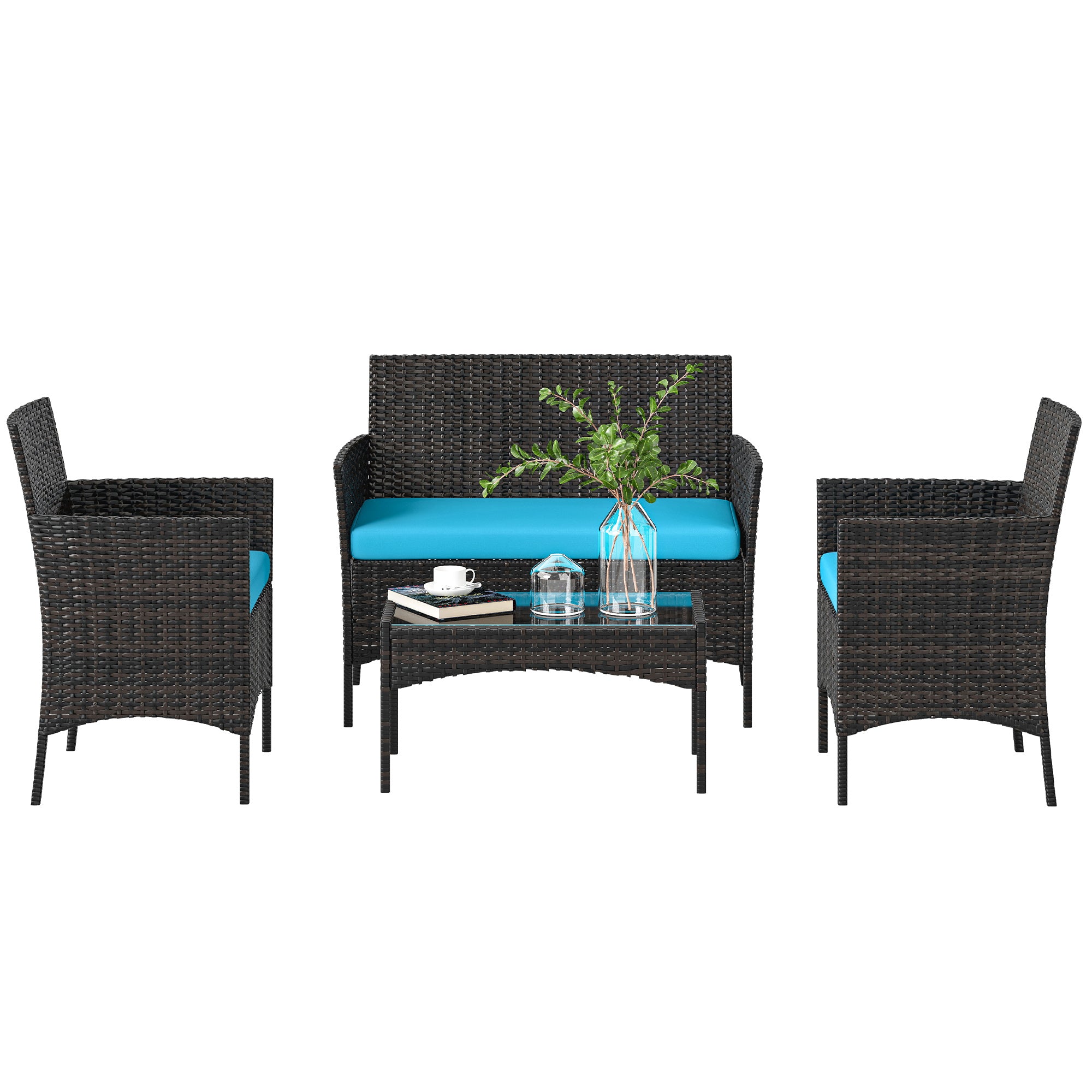4 Pieces Wicker Outdoor Balcony Furniture Set Rattan Patio Furniture Set with Loveseat Chairs Glass Coffee Table Turquoise