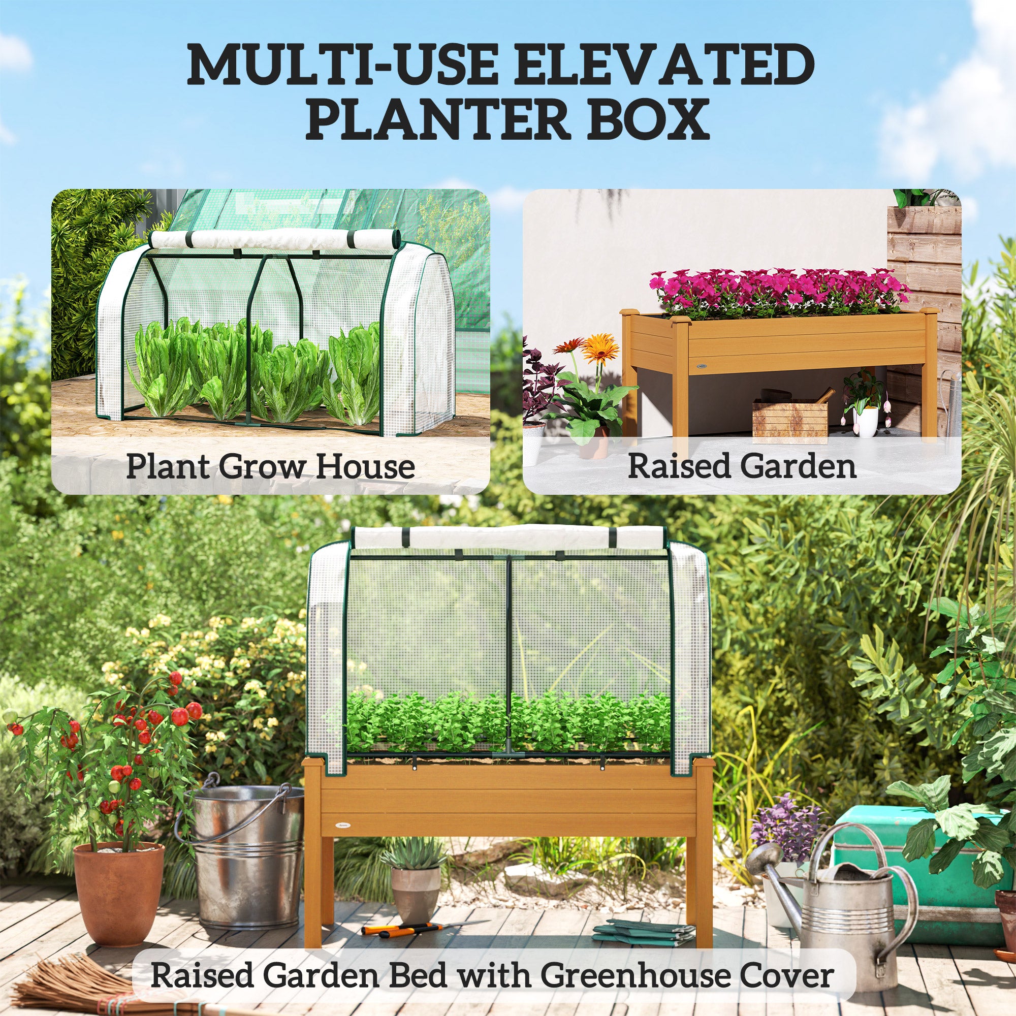 Raised Garden Bed with PE Greenhouse Cover Outdoor Elevated Wood Planter Box for Herbs and Vegetables Sand