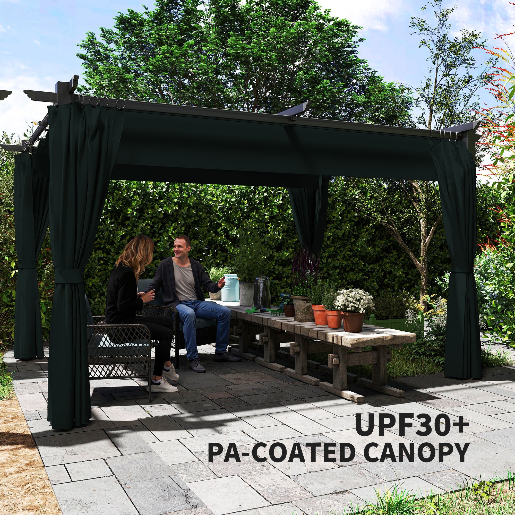10' x 13' Pergola with Retractable Canopy and Curtains, UPF30+ Sun Shade Shelter for Grill, Garden, Backyard, Deck