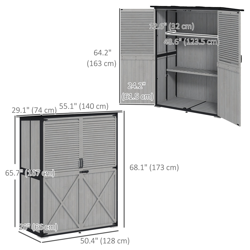 Outdoor Storage Cabinet, Wood Garden Shed with Steel Frame, Asphalt Roof, 2 Shelves and Lockable Doors, Grey