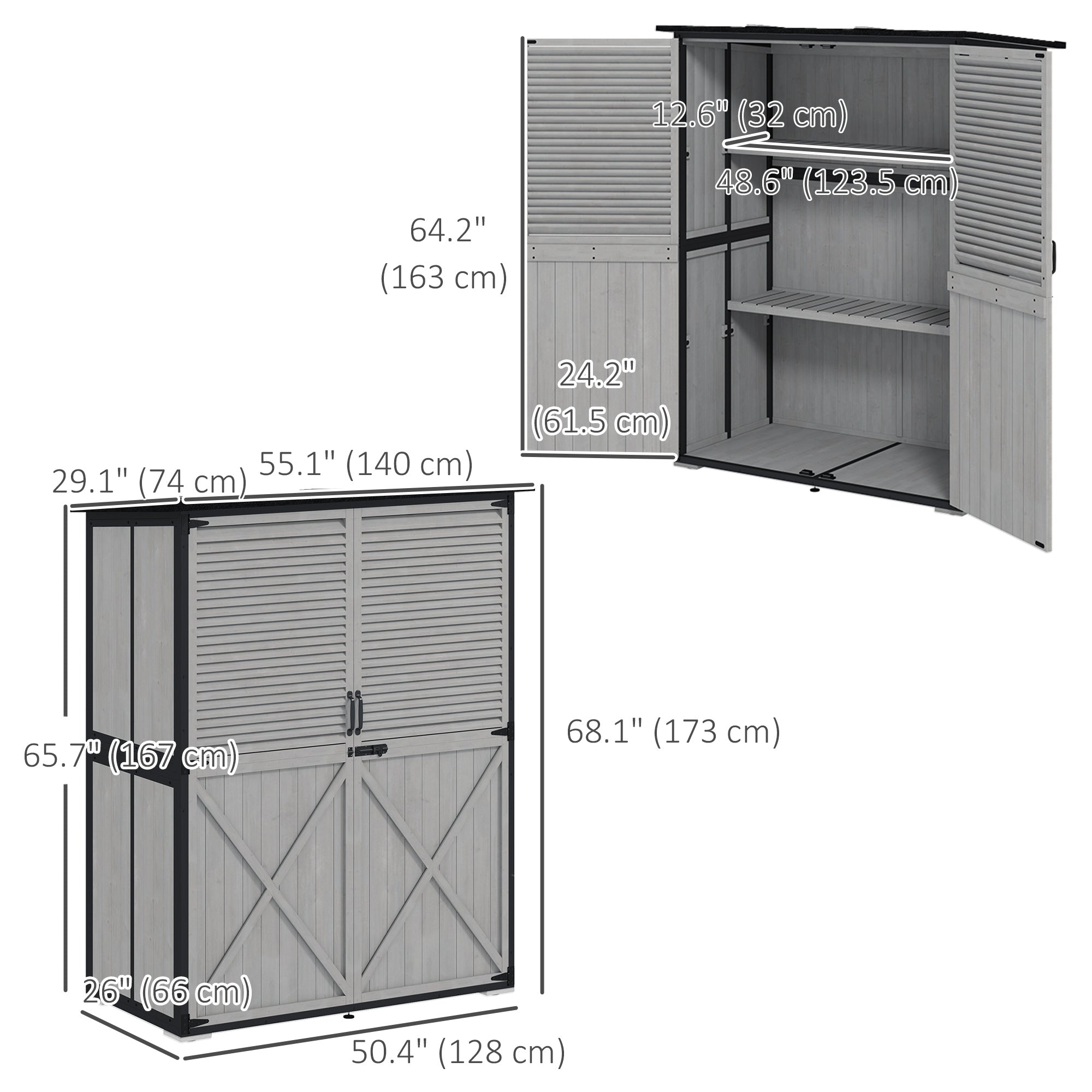Outdoor Storage Cabinet, Wood Garden Shed with Steel Frame, Asphalt Roof, 2 Shelves and Lockable Doors, Grey