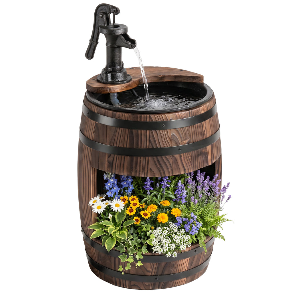 Wooden Outdoor Fountain, Electrical Barrel Waterfall with 3600r/min Speed Pump for Patio, Backyard, Carbonized