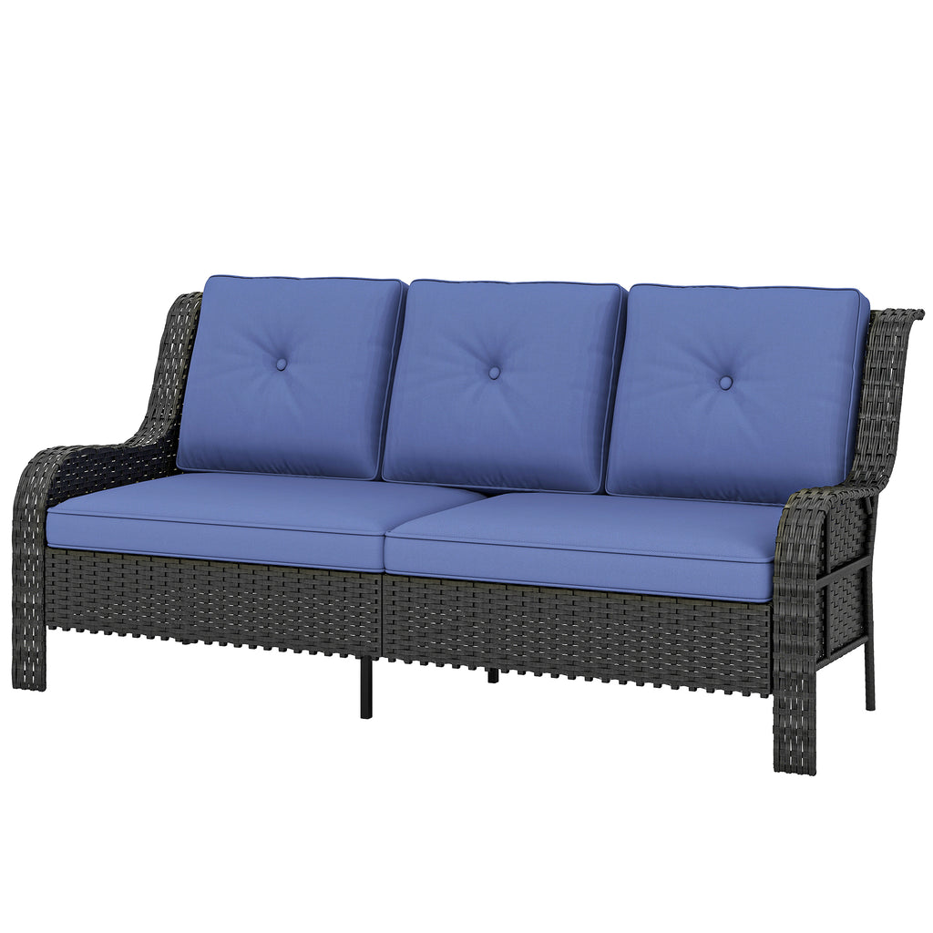 Wicker Patio Sofa with Cushions, 3 Seater Rattan Outdoor Couch for Patio, Garden, Porch, Backyard, Deep Blue