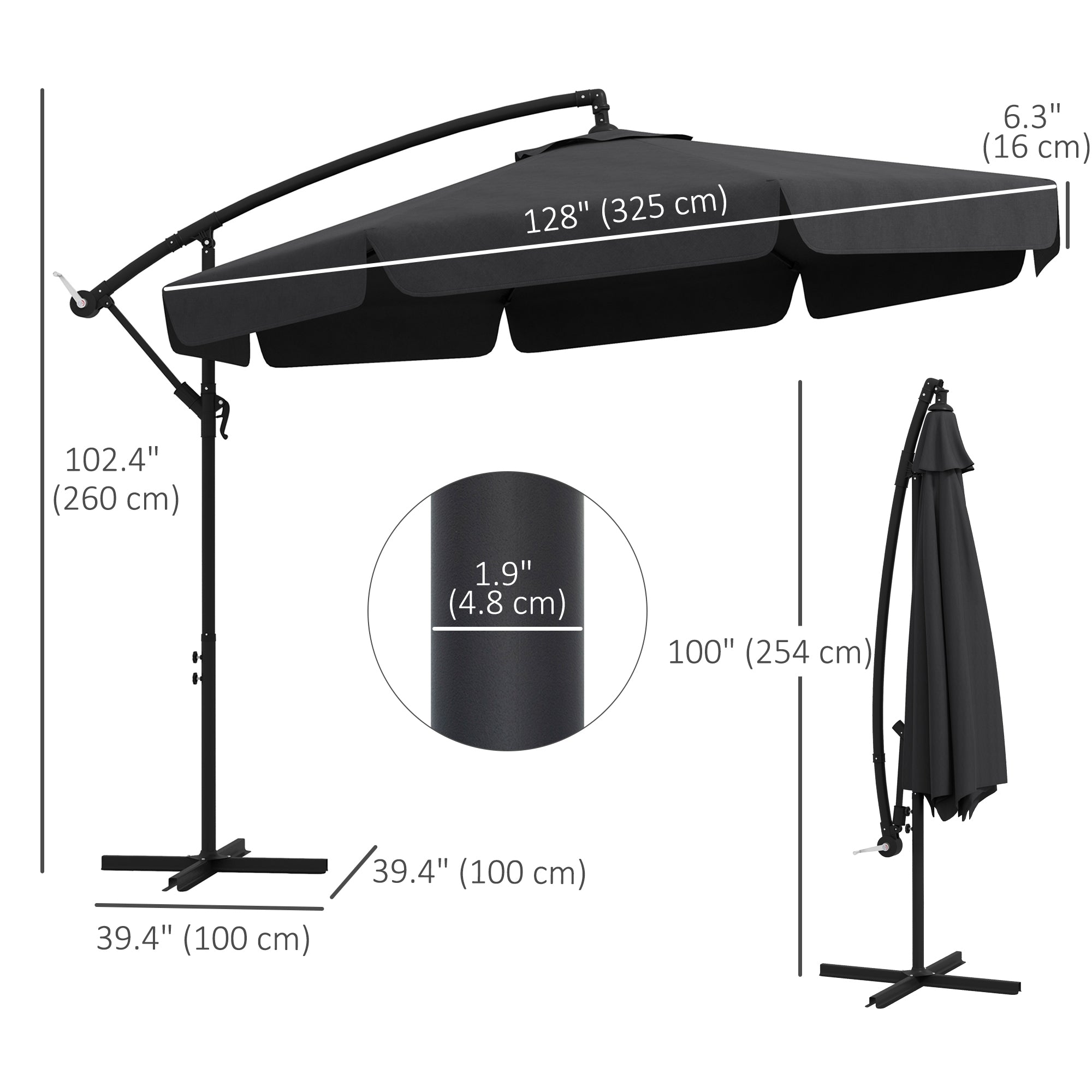 11 FT Cantilever Patio Umbrella Offset Parasol with Cross Base and 8 Ribs for Garden, Black