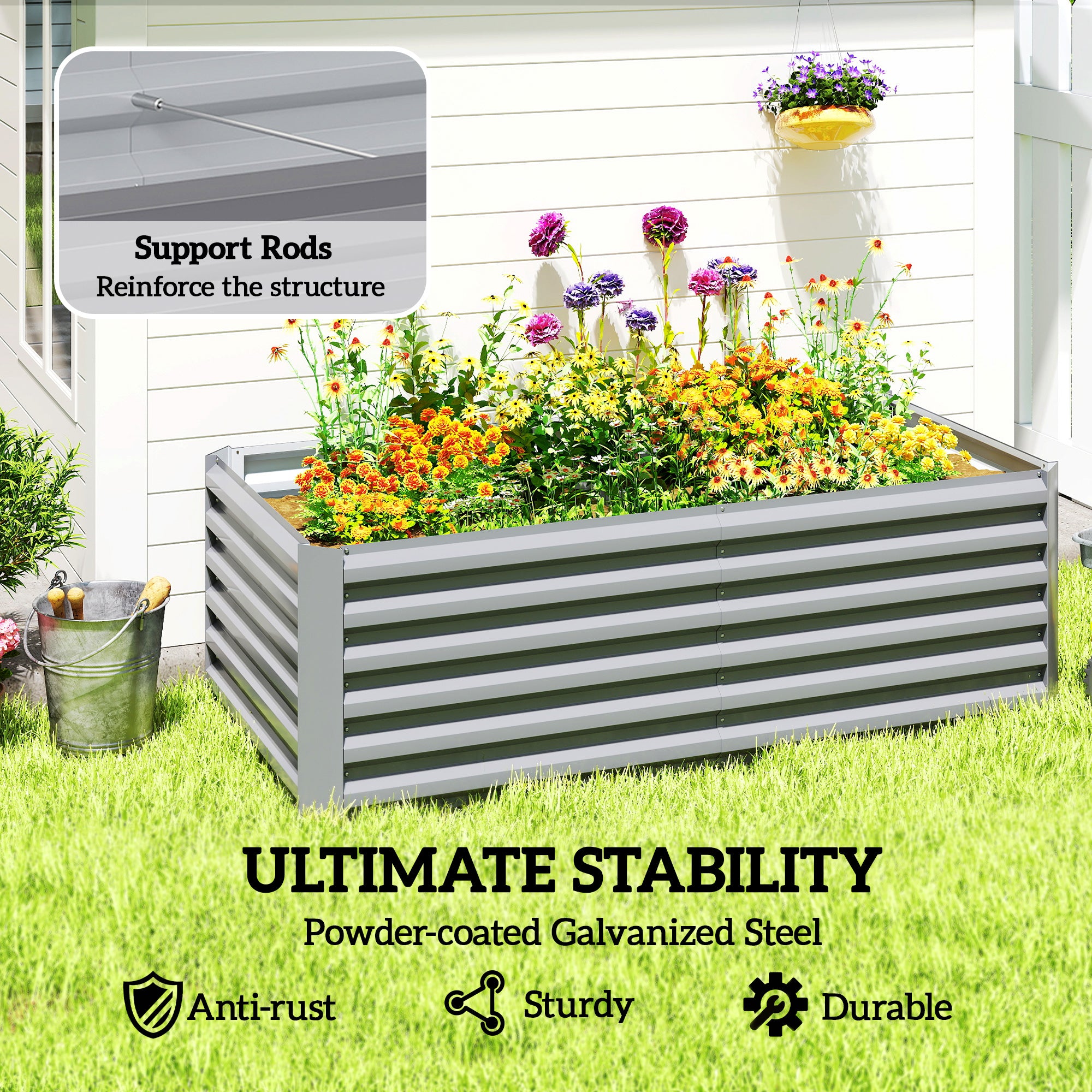 6' x 3' x 2' Raised Garden Bed, Galvanized Planter Box for Growing Flowers, Herbs and Vegetables, Light Grey