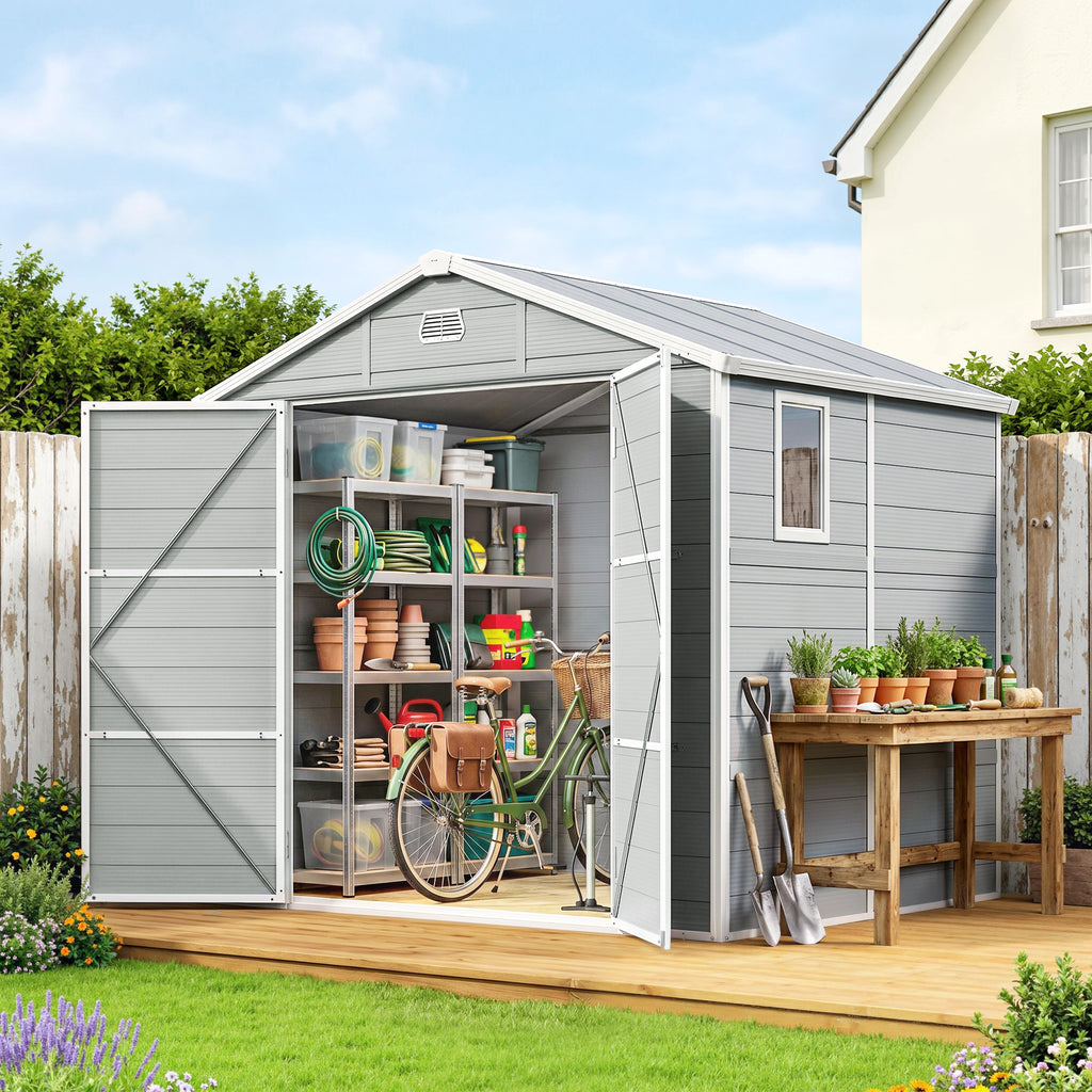 8' x 6' Plastic Garden Storage Shed with Latch Door, Vents, Sloped Roof, Light Grey