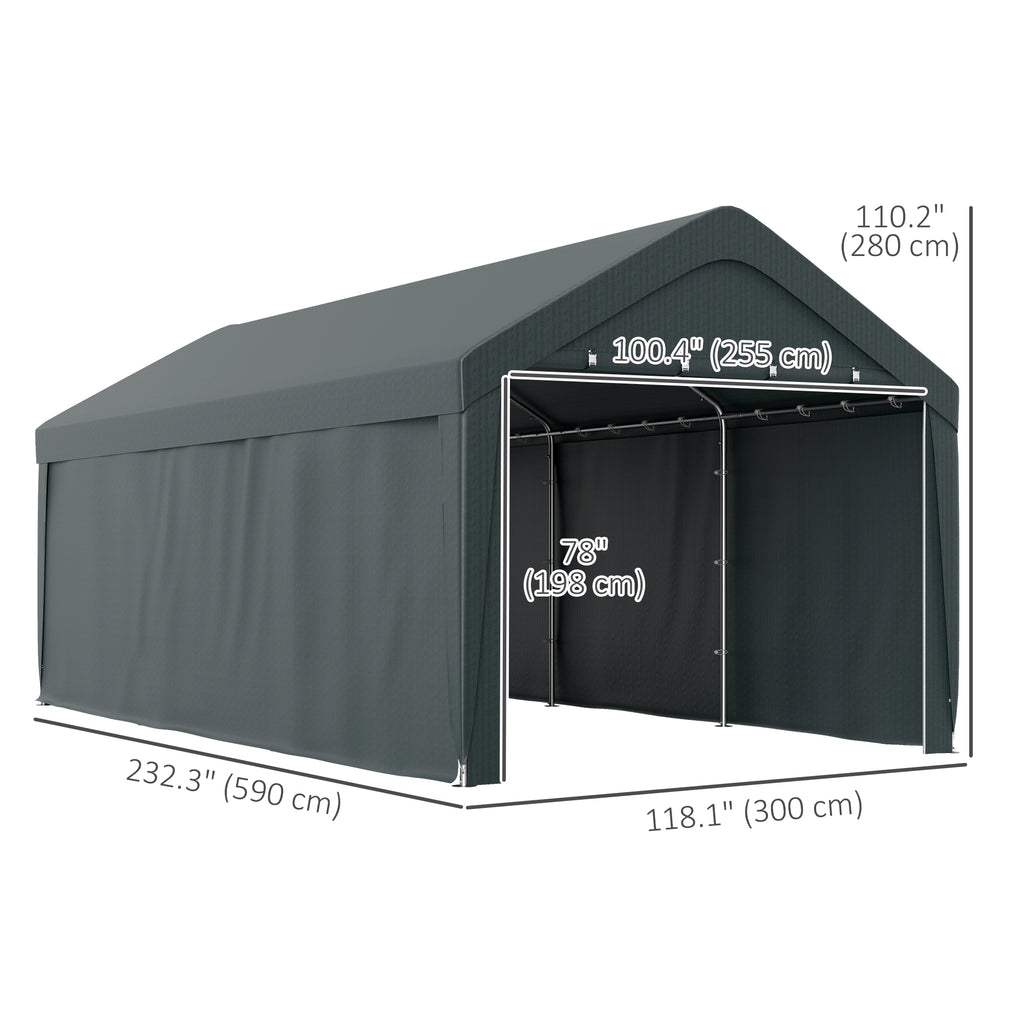 Carport, 10 x 20 ft Portable Garage with 2 Roll-Up Doors and Removable Sidewalls for Car, Truck, Boat, Dark Grey