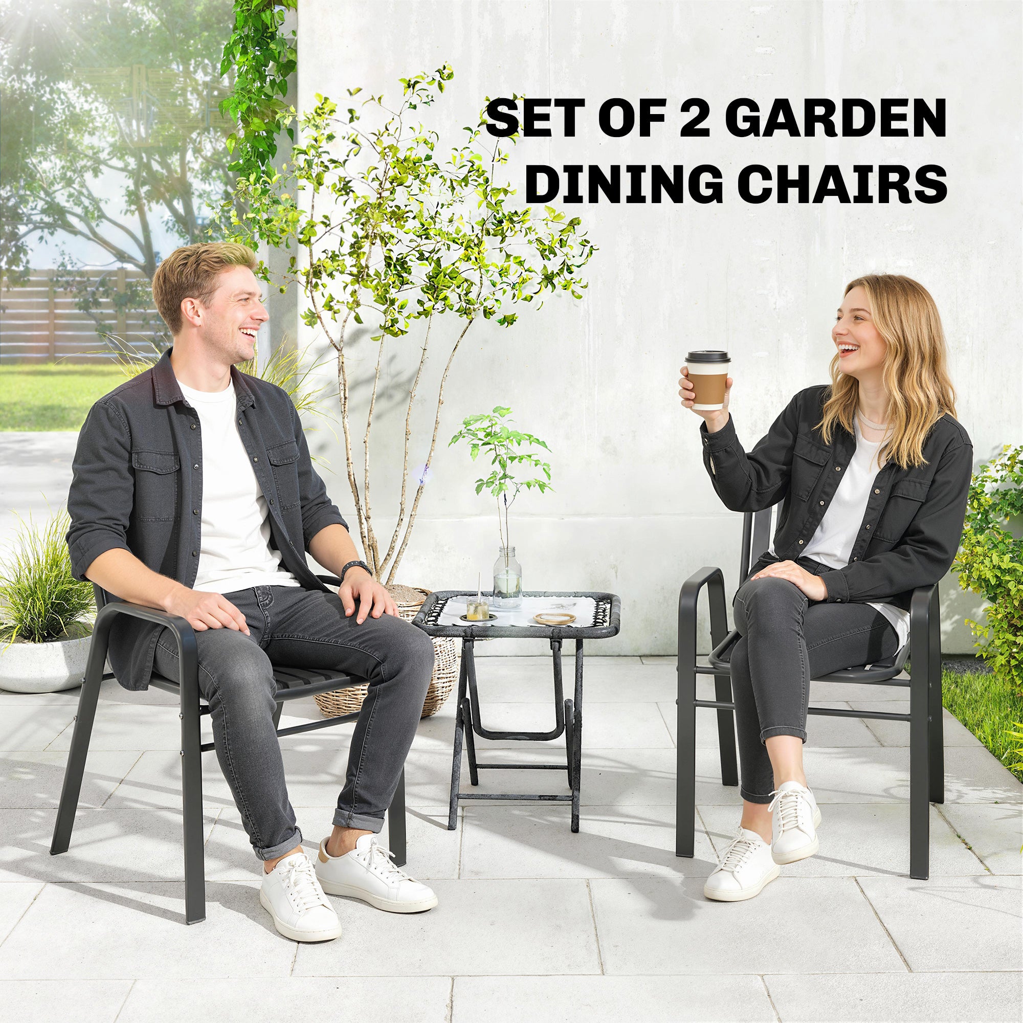 Stackable Outdoor Dining Chairs Set of 2, for Patio, Balcony, Deck, Garden, Black