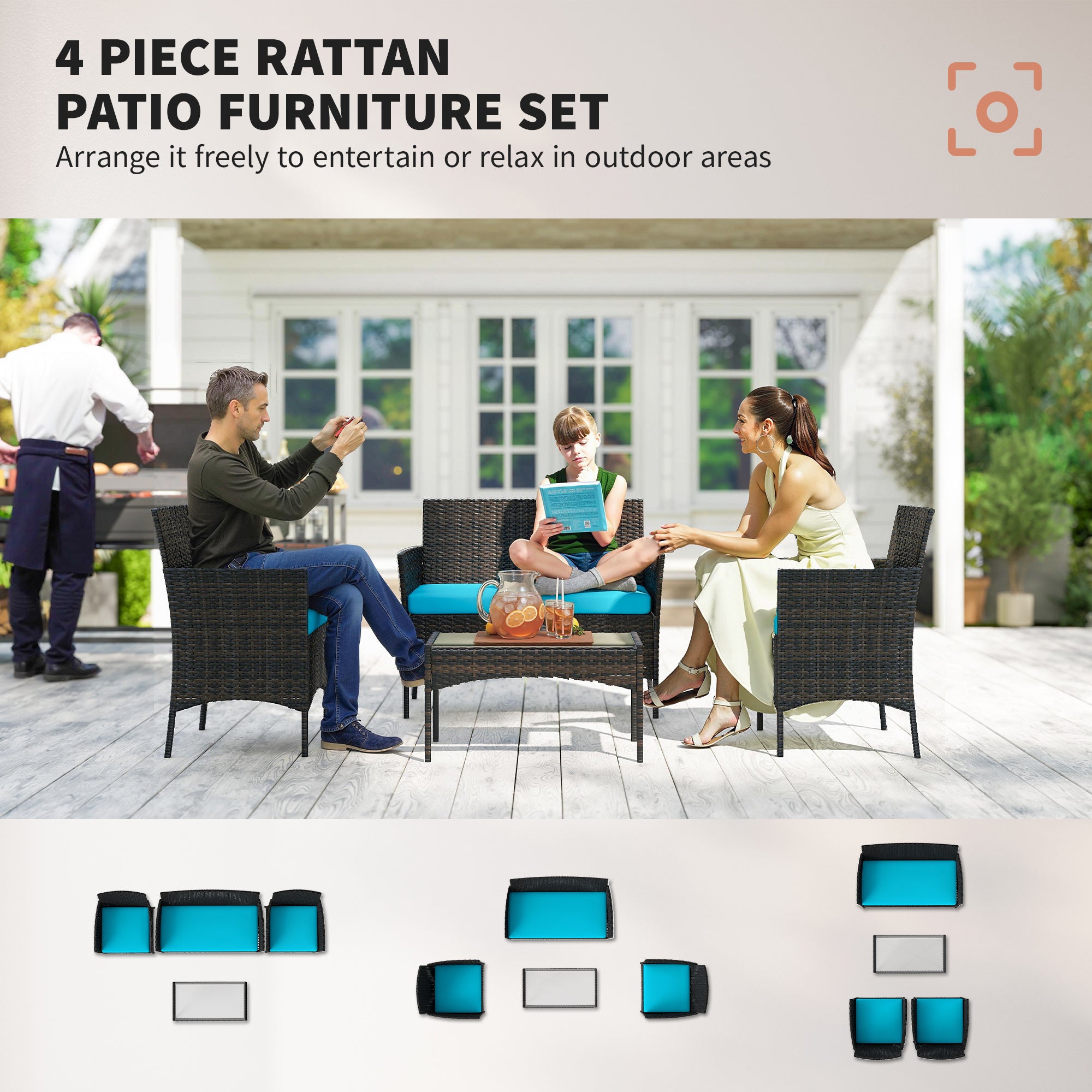 4 Pieces Wicker Outdoor Balcony Furniture Set Rattan Patio Furniture Set with Loveseat Chairs Glass Coffee Table Turquoise