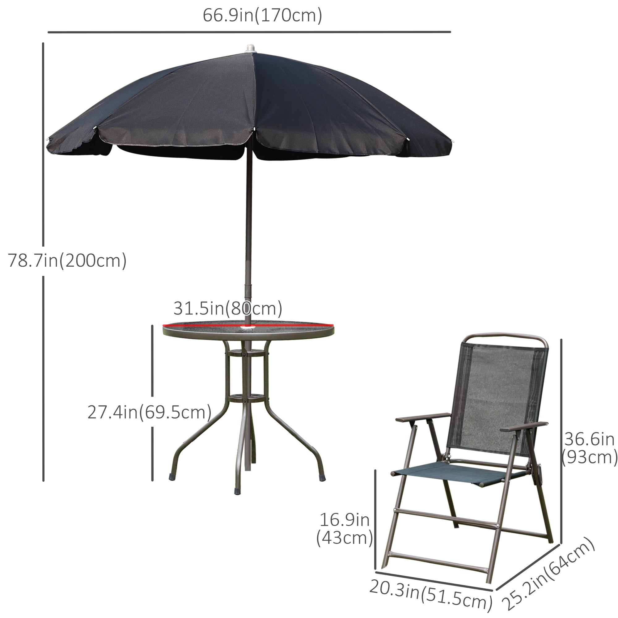 6 Pieces Outdoor Dining Set for 4 with Umbrella Patio Outdoor Furniture Set with Round Table 4 Folding Chairs Black