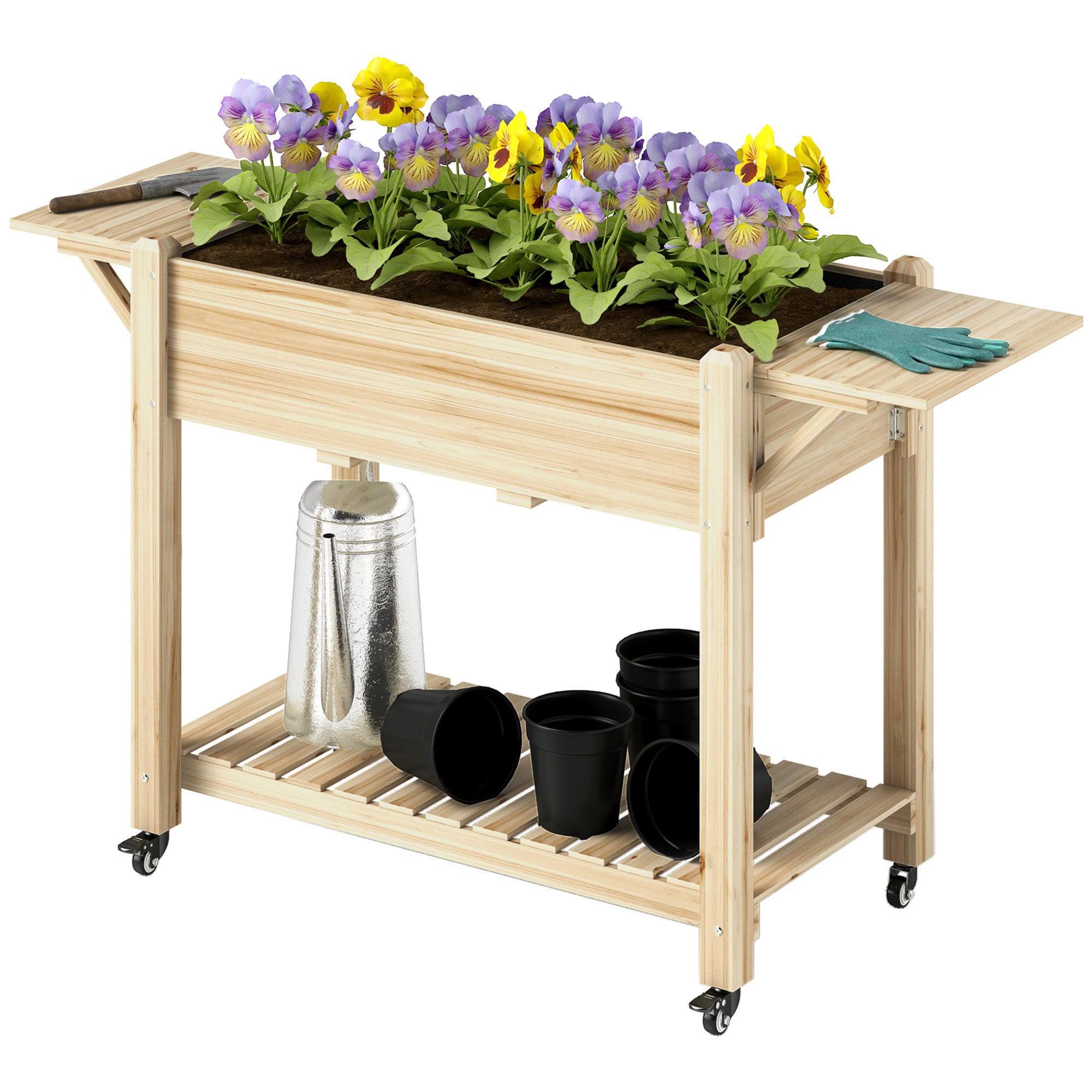 Raised Garden Bed, Wood Planter Box with Lockable Wheels, Side Tables, Bottom Shelf, Bed Liner, Drain Holes, Natural