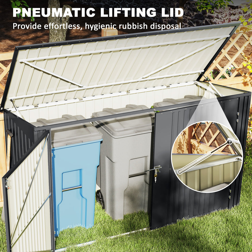 7.6 x 3.4ft Outdoor Storage Shed, Triple Garbage Bin Shed Organizer with Lockable Double Doors and Openable Lid