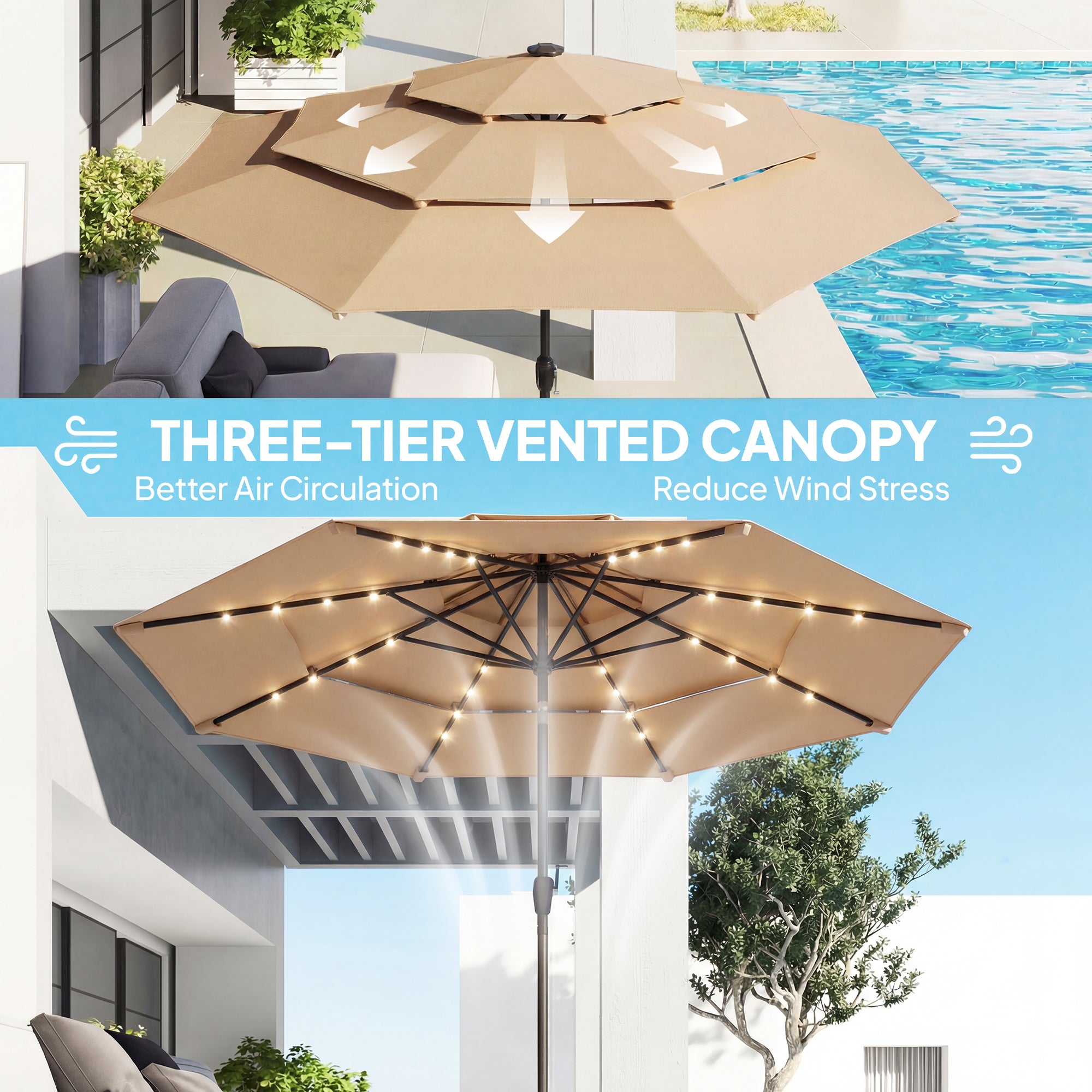 9.3 ft Patio Umbrella with Solar LED Lights, Cover, 3 Tier Outdoor Market Table Parasol with Tilt, Crank, Khaki