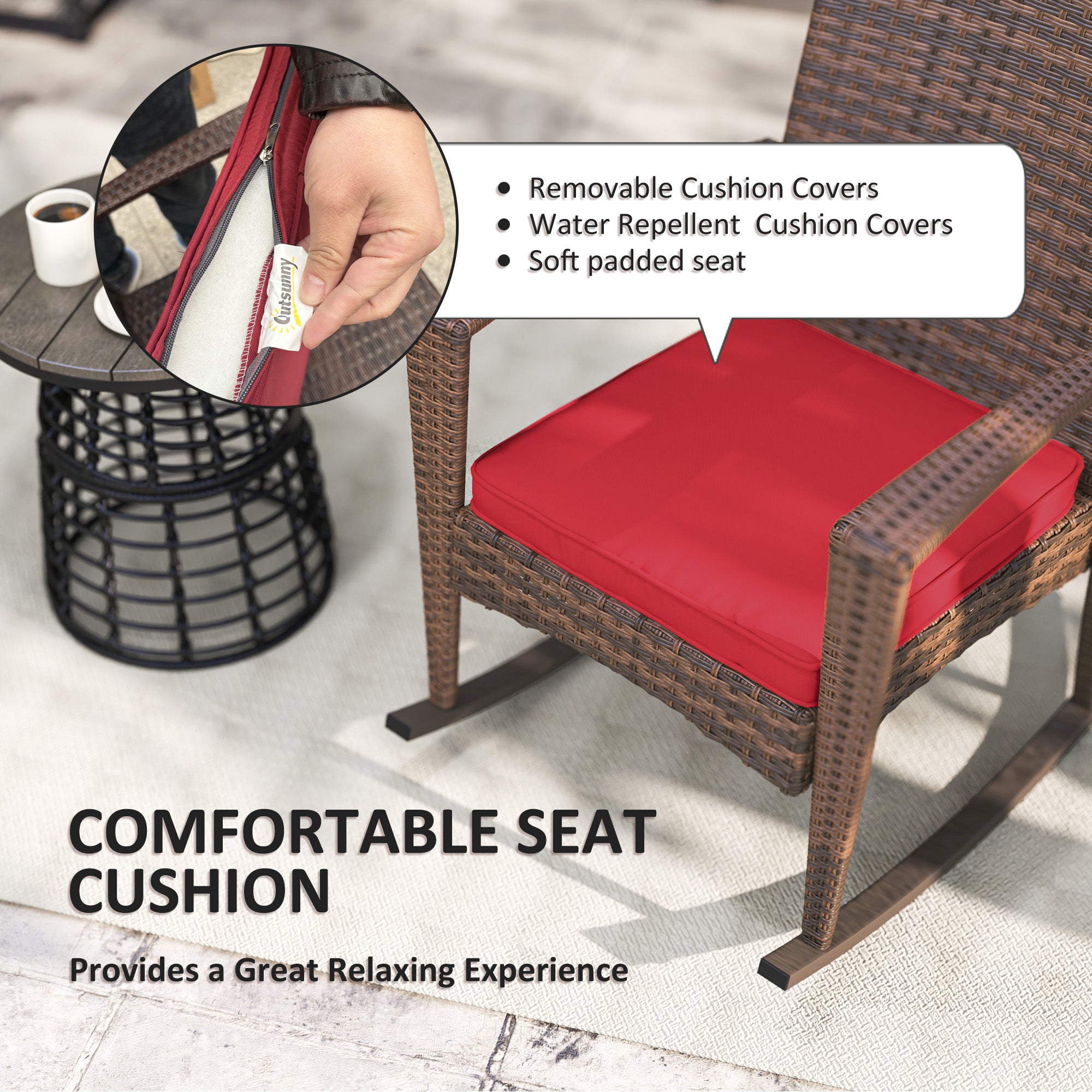 Outdoor PE Rattan Rocking Chair, Garden Glider Rocking Chair, Wicker Patio Chair Set with Armrest and Cushion, Wine Red