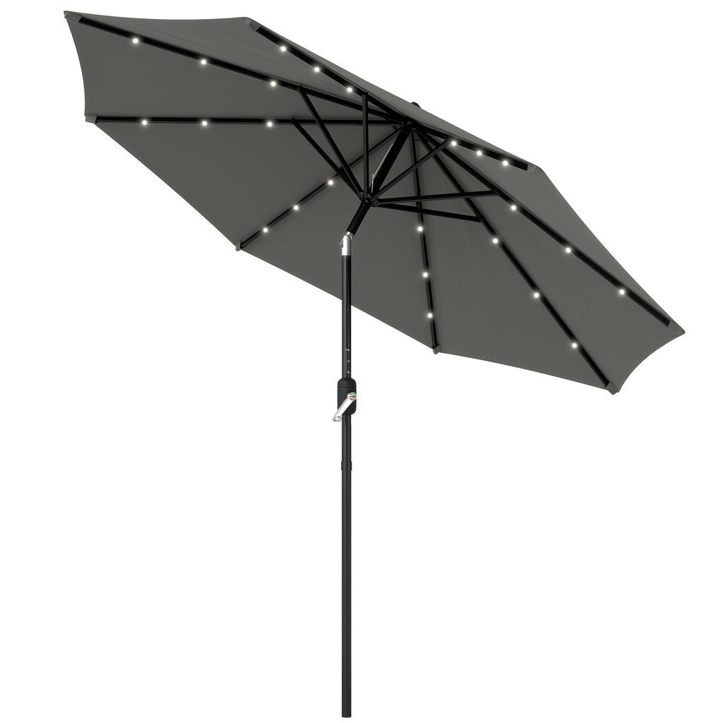 8.8 ft Solar Powered Outdoor Patio Umbrella Round Market Table Umbrella with Adjustable LED Lights Tilt Crank Dark Grey
