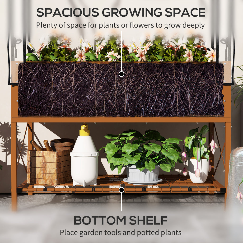 Raised Garden Bed with Cover, Metal Elevated Planter Box with Bottom Shelf and Liner, Dark Brown Wood Effect