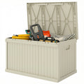 70 Gallon Deck Box, Resin Outdoor Storage Box with Handles, Waterproof Storage Container for Garden Tools, Sand