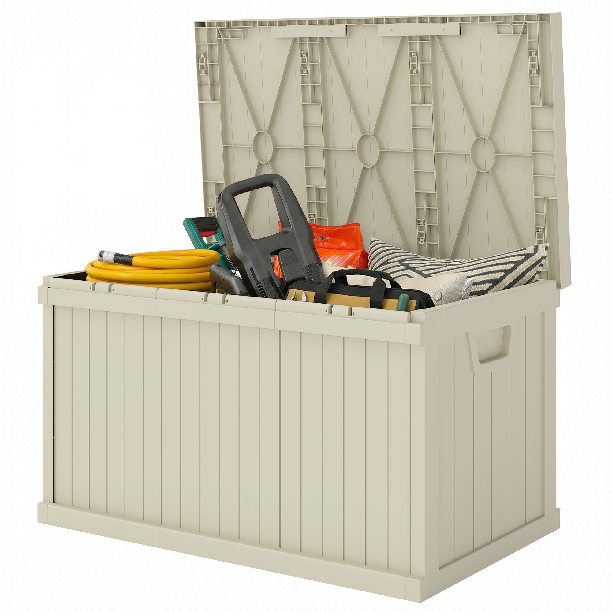 70 Gallon Deck Box, Resin Outdoor Storage Box with Handles, Waterproof Storage Container for Garden Tools, Sand