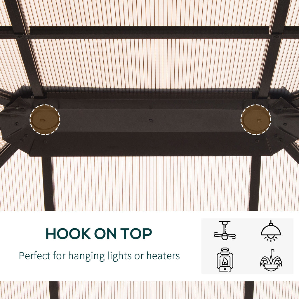 10' x 12' Hardtop Gazebo Canopy with Polycarbonate Roof, Aluminum Frame, Netting, Curtains and Ceiling Hook, Brown