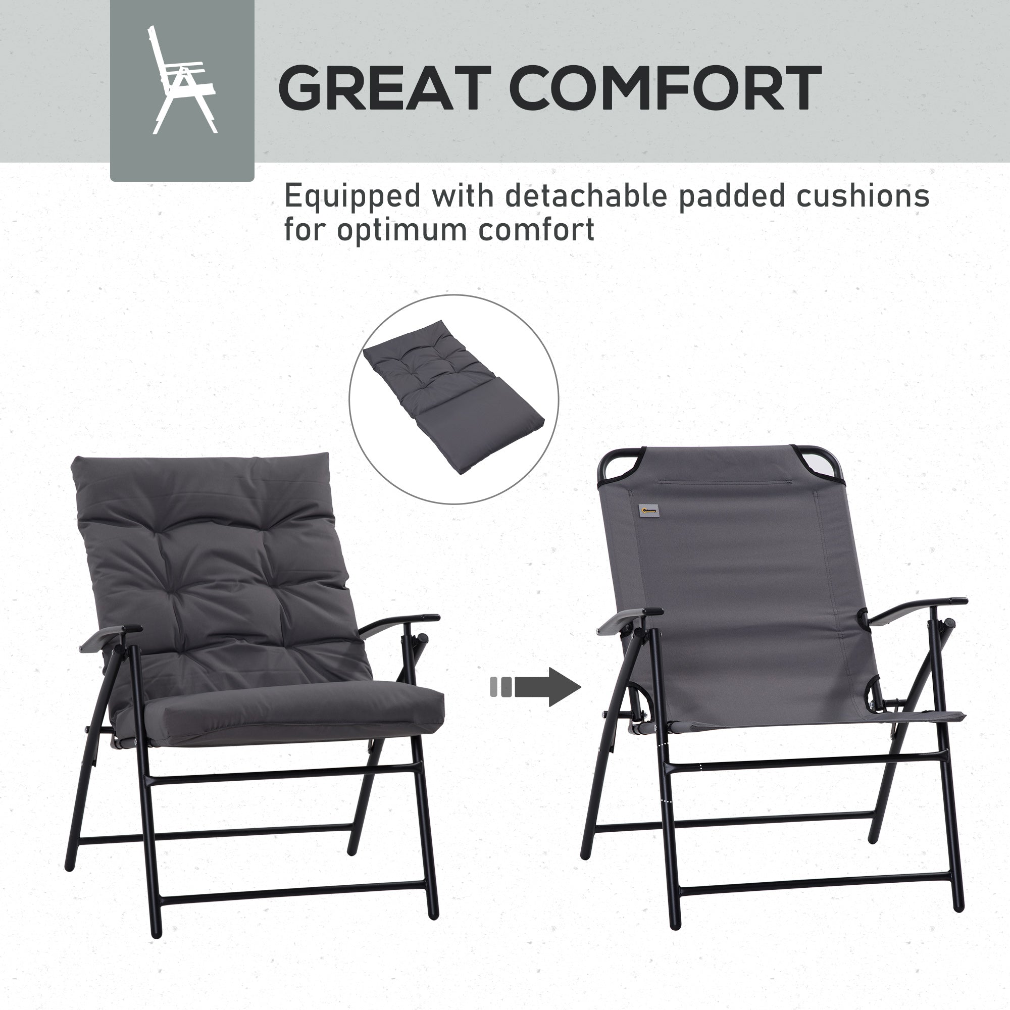 Set of 2 Outdoor Folding Chairs with Adjustable Backrest, Padded Camping Chairs for Outdoor Events, Grey
