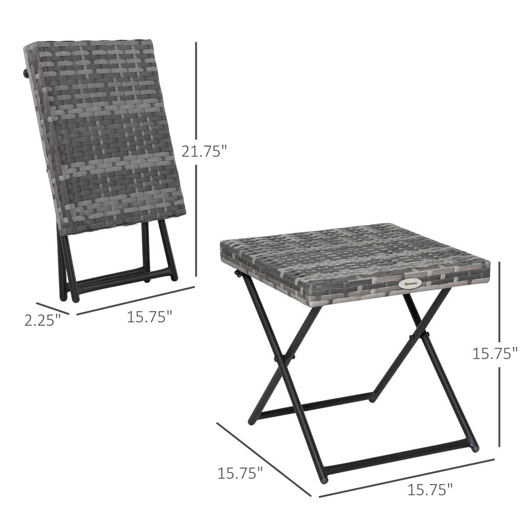 Rattan Coffee Table Folding Patio Outdoor Side Table Wicker for Balcony, Porch, Poolside, 15.75"x15.75"x15.75", Grey