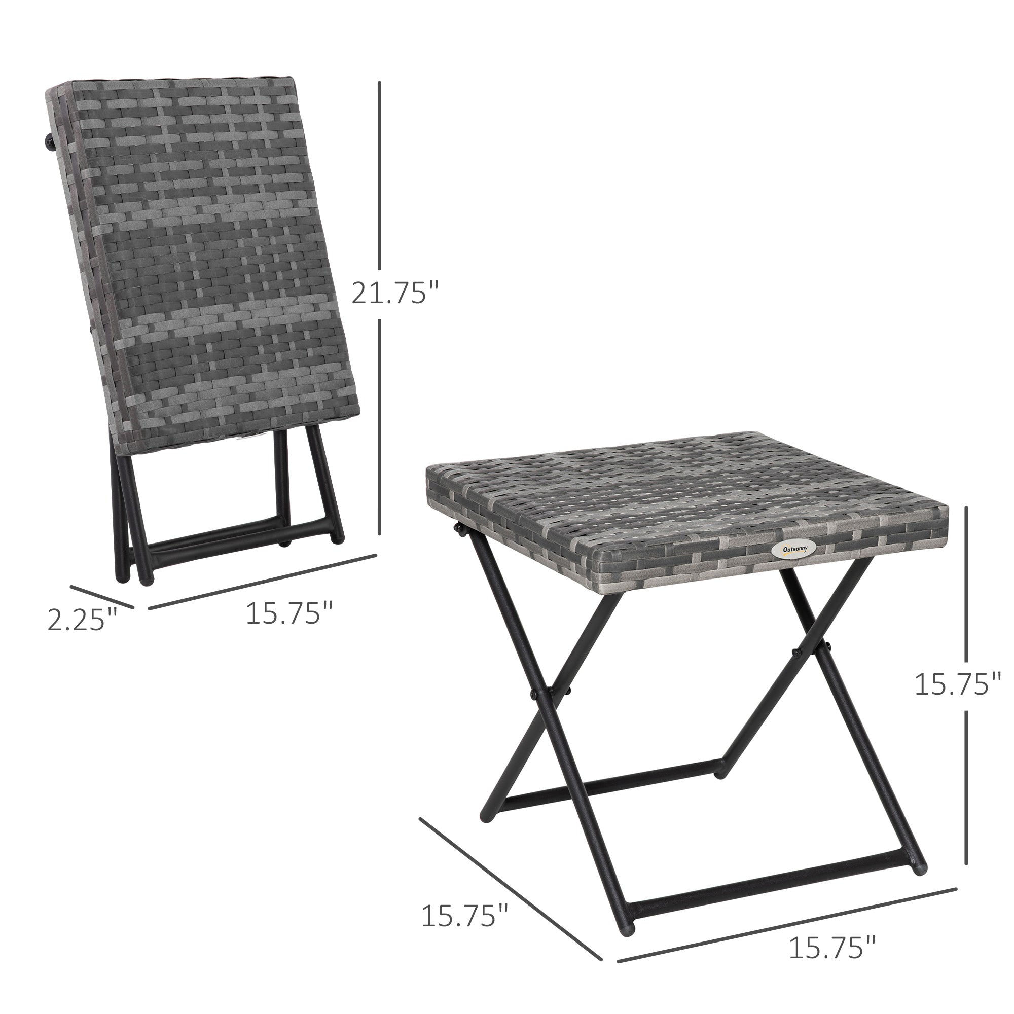 Rattan Coffee Table Folding Patio Outdoor Side Table Wicker for Balcony, Porch, Poolside, 15.75"x15.75"x15.75", Grey