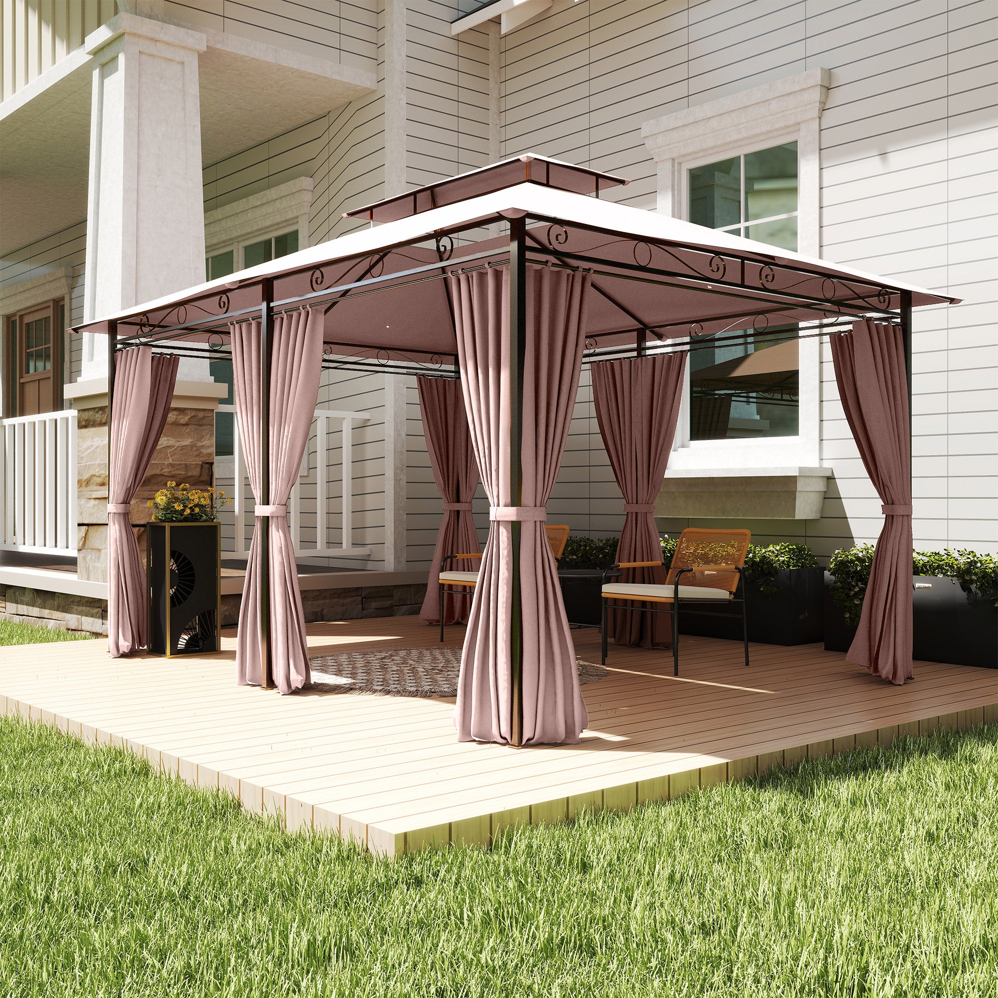 10' x 13' Patio Gazebo, Outdoor 2-Tiers Garden Canopy Yard Sunshade Shelter with Curtains, Khaki