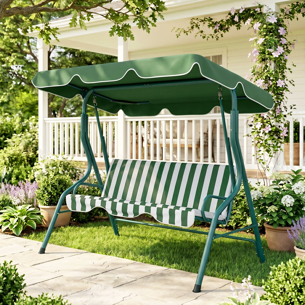Outdoor Porch Swing with Adjustable Canopy, 3-Seater Patio Swing Chair with Cushion, Green