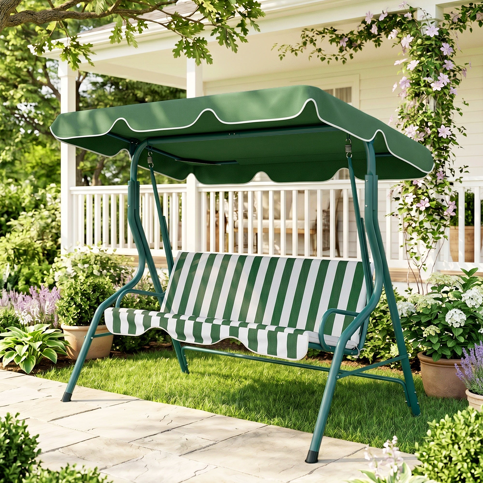 Outdoor Porch Swing with Adjustable Canopy, 3-Seater Patio Swing Chair with Cushion, Green