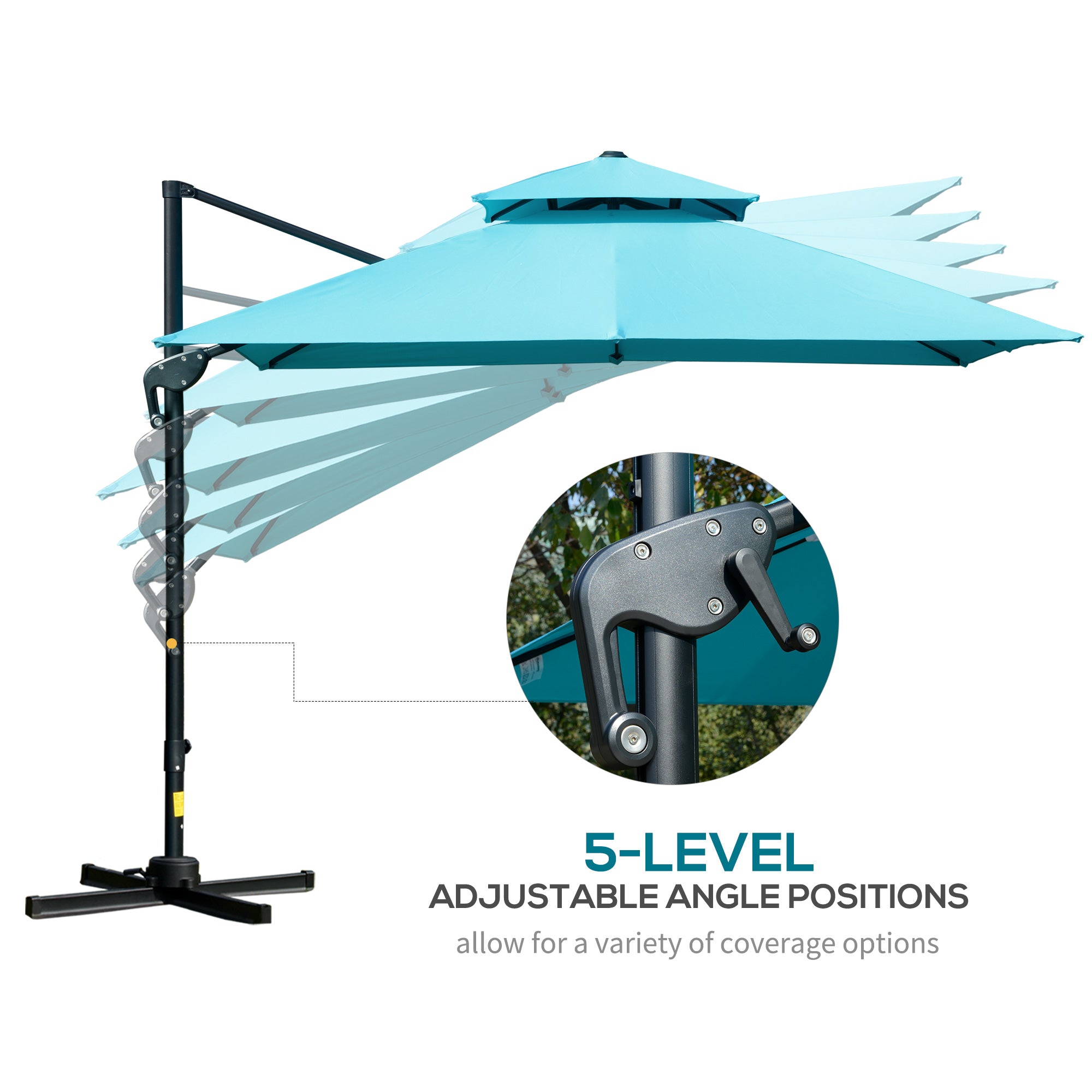 10' x 10' Cantilever Patio Umbrella, Double Top Square Offset Umbrella with 360Â° Rotation, 5 Adjustable Tilt Angles, Umbrella Cover, Aluminum Pole and Ribs, Light Blue