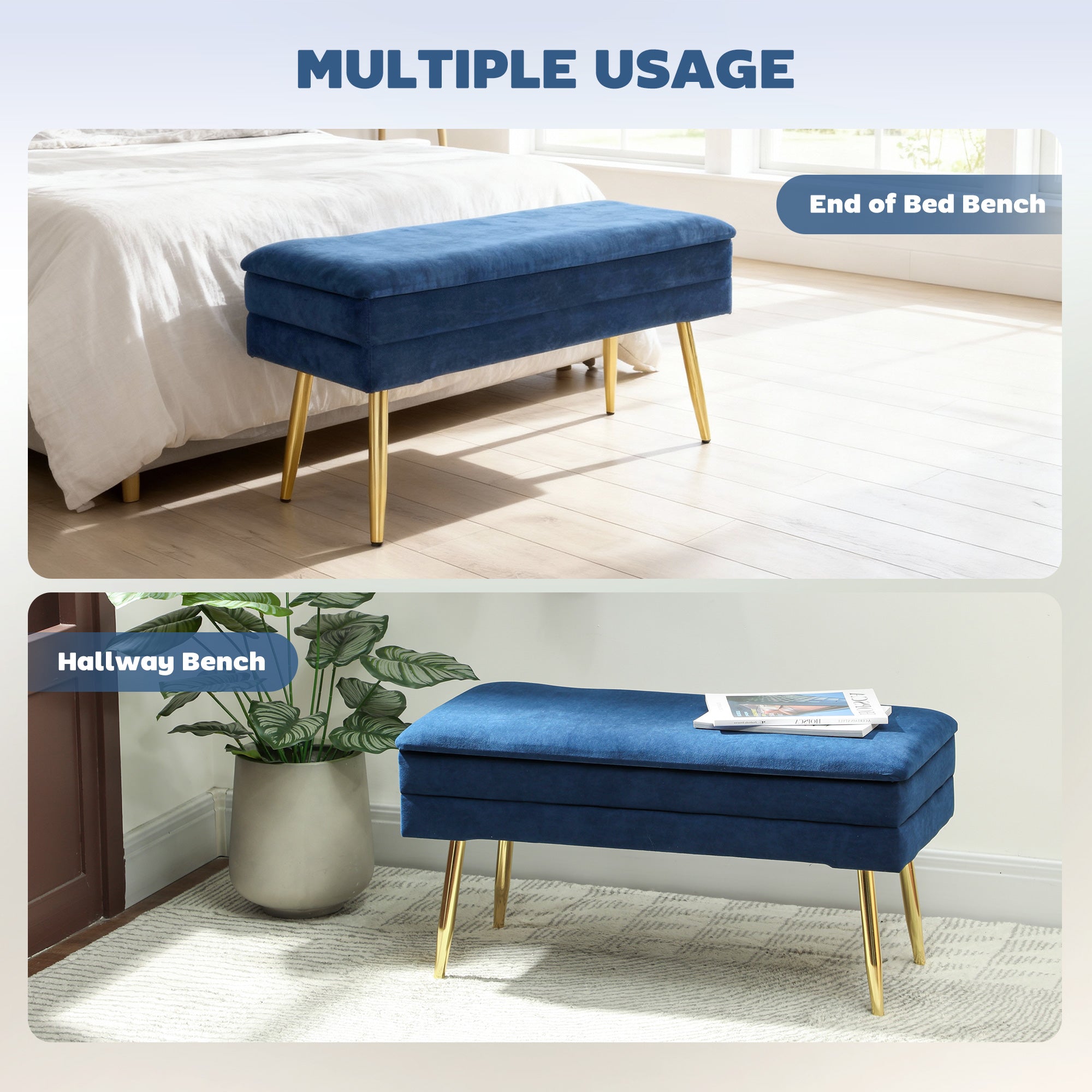 31" Storage Ottoman, Velvet End of Bed Bench with Steel Legs, Foot Stool with Storage for Bedroom, Living Room