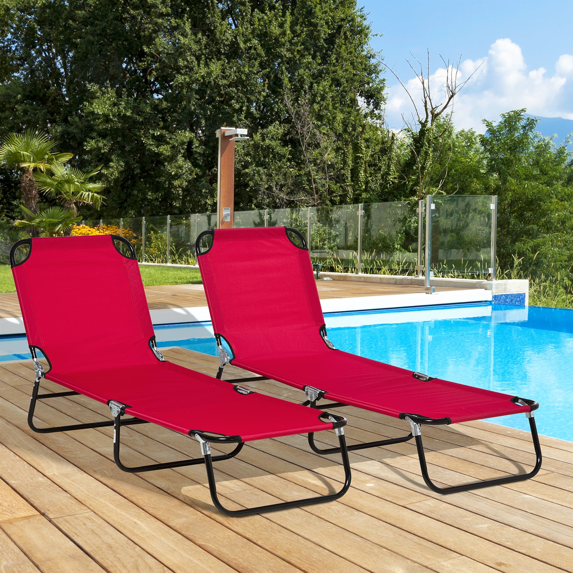 Set of 2 Folding Outdoor Lounge Chair, Sun Tanning Chairs with Reclining Back, Breathable Mesh for Beach Patio, Red