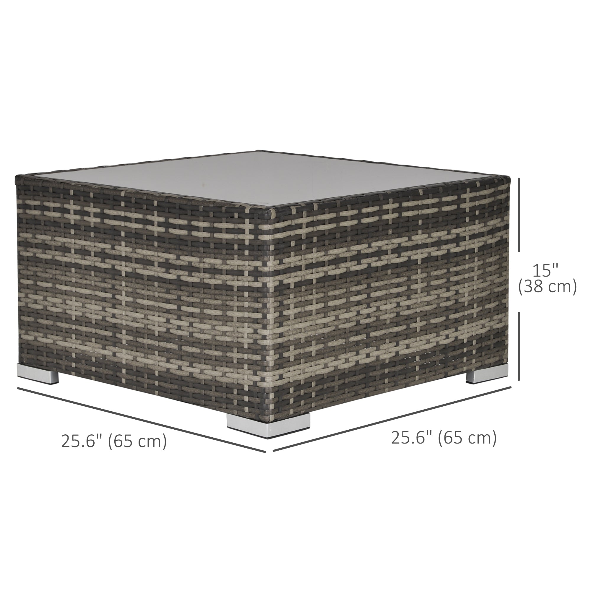 Rattan Garden Coffee Table, 25.6" Square Garden Rattan Table with Tempered Glass Top, Deep Grey