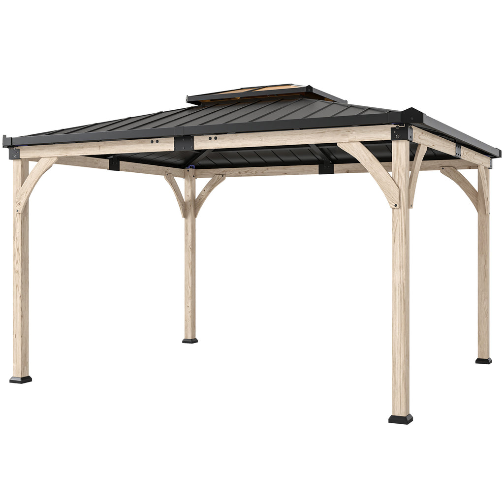 12' x 14' Hardtop Gazebo Canopy with Galvanized Steel Roof, Wood Frame, Double Roof Outdoor Gazebo, Light Walnut