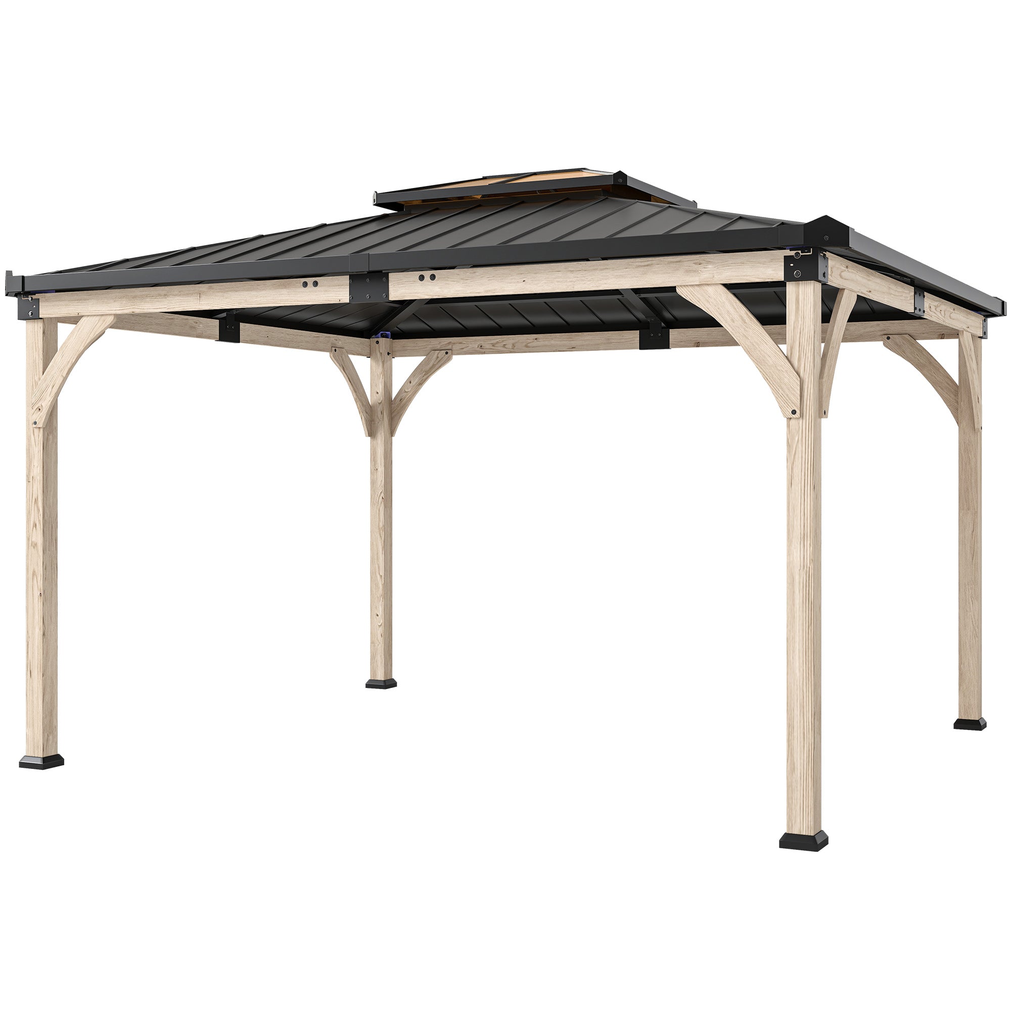 12' x 14' Hardtop Gazebo Canopy with Galvanized Steel Roof, Wood Frame, Double Roof Outdoor Gazebo, Light Walnut