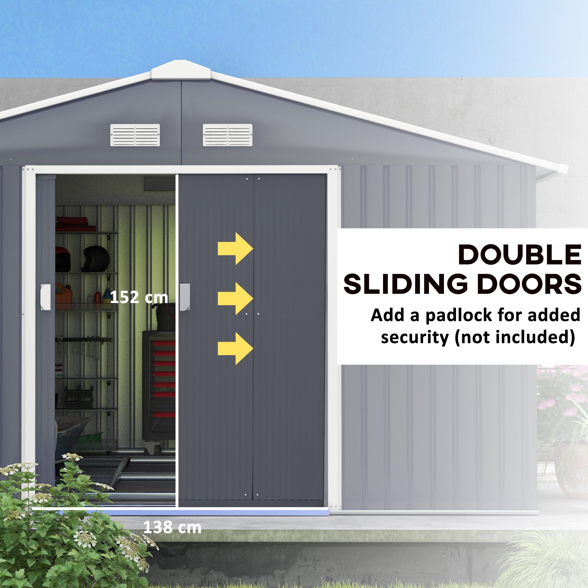 11.2ft x 12.5ft Practical Backyard Garden Storage Tool Shed 4 Ventilation Slots Double Sliding Door, Grey