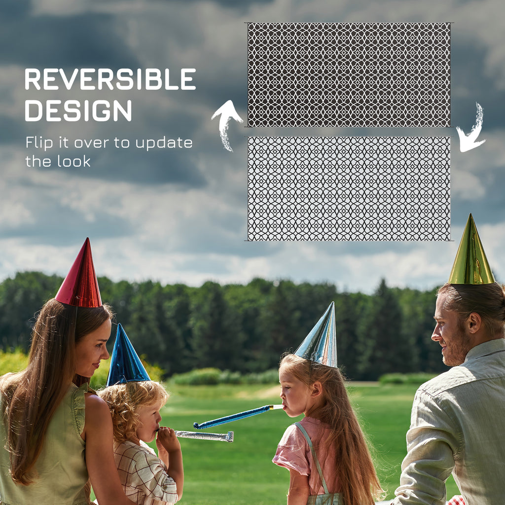 Reversible Outdoor Rug, Waterproof Plastic Straw RV Rug with Carry Bag, 9' x 18', Black and White Clover