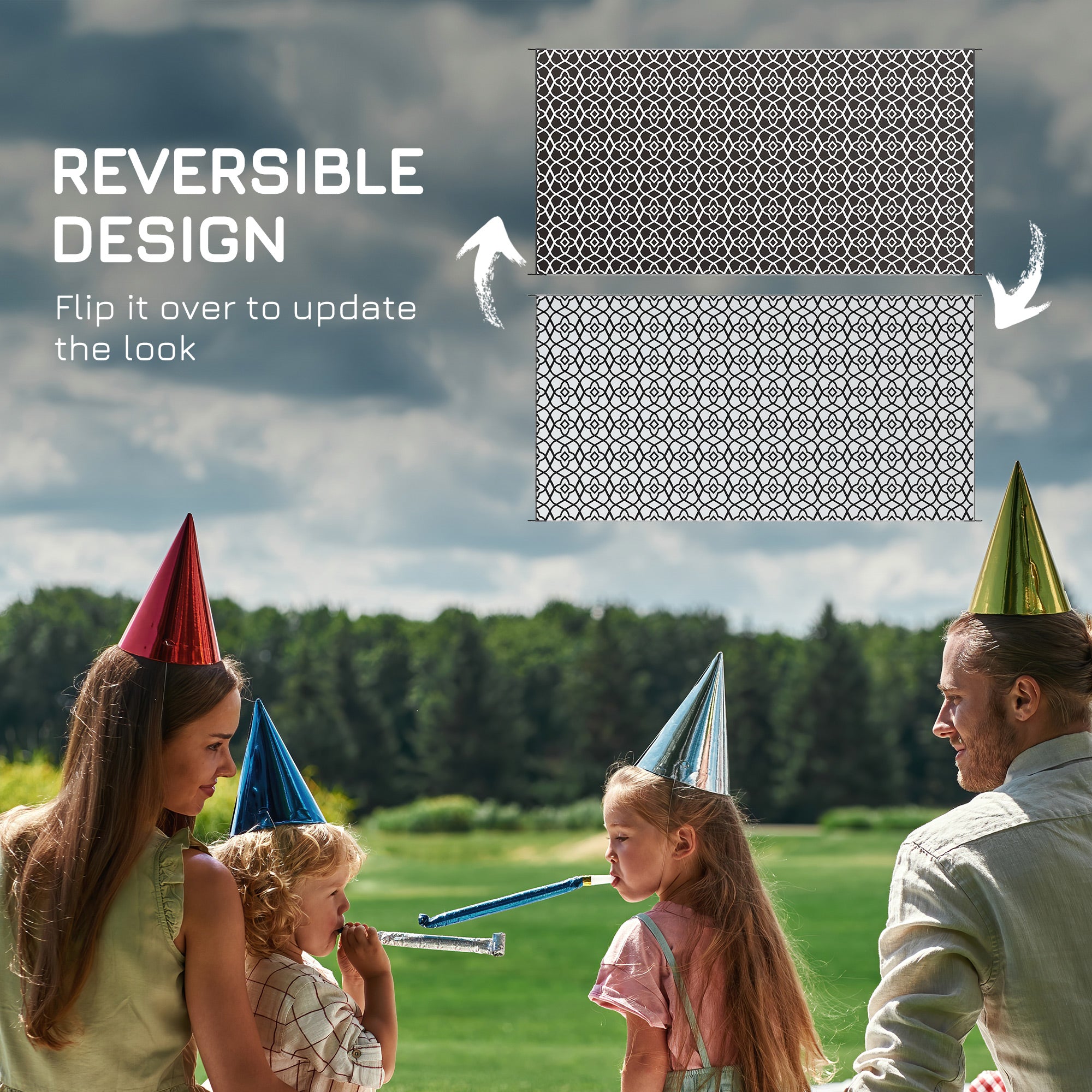 Reversible Outdoor Rug, Waterproof Plastic Straw RV Rug with Carry Bag, 9' x 18', Black and White Clover