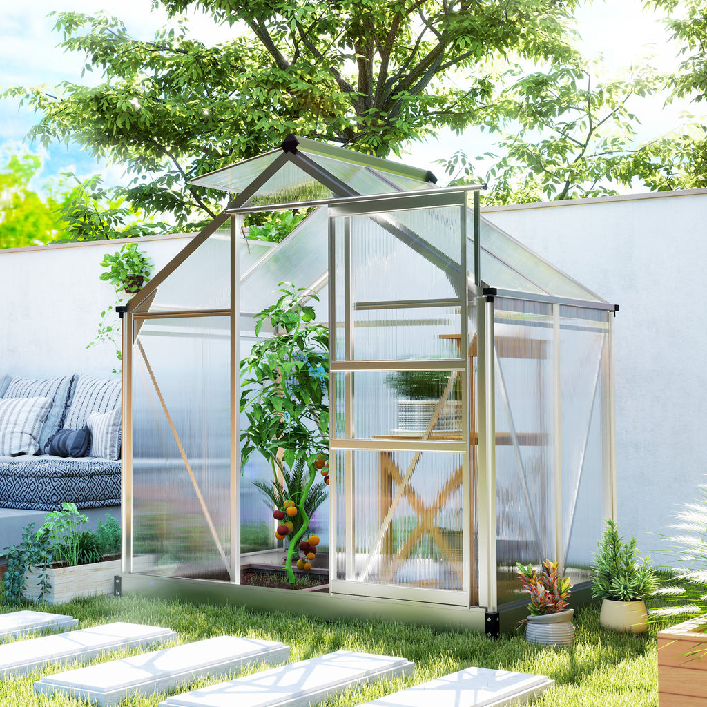 6' x 4' x 6.6' Polycarbonate Greenhouse, Walk-In Green House Kit Garden, Plants Grow, Galvanized Sheet Aluminum Frame with Rain Gutter, Vent and Sliding Door, Silver