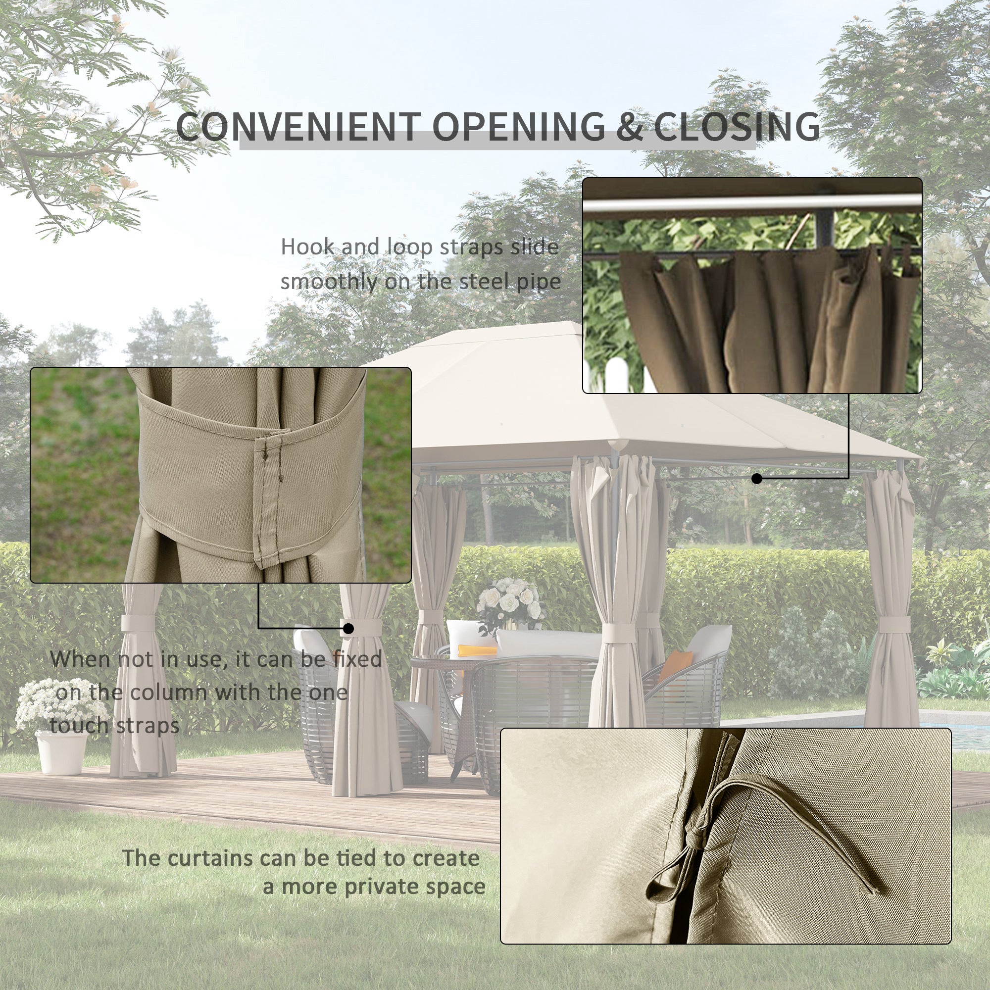 13'x 10' Soft-top Steel Patio Gazebo Canopy Party Tent with 6 Removable Curtains and Drainage Holes, Khaki