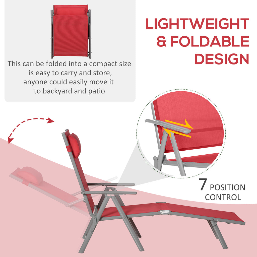 Outdoor Folding Chaise Lounge Chair Steel Portable Recliner with 7 Adjustable Backrest Positions, Red