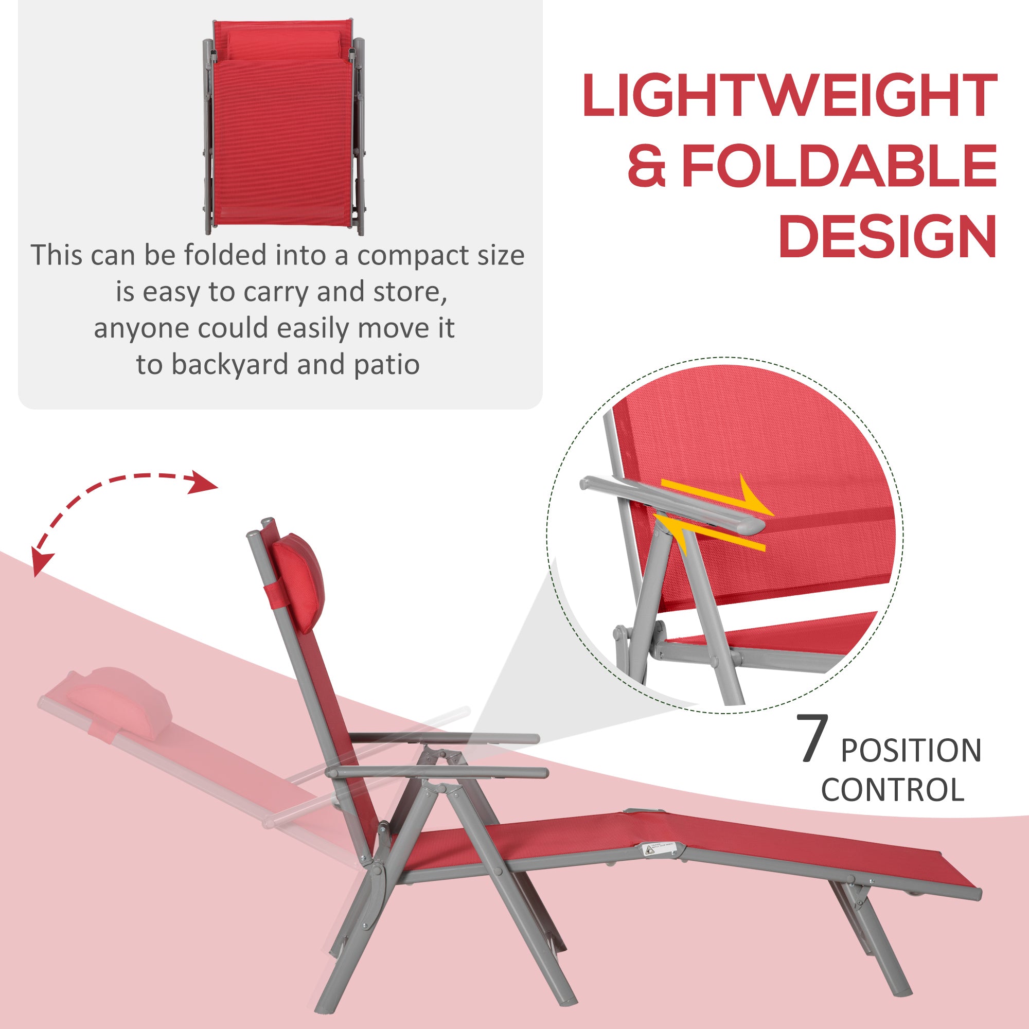 Outdoor Folding Chaise Lounge Chair Steel Portable Recliner with 7 Adjustable Backrest Positions, Red