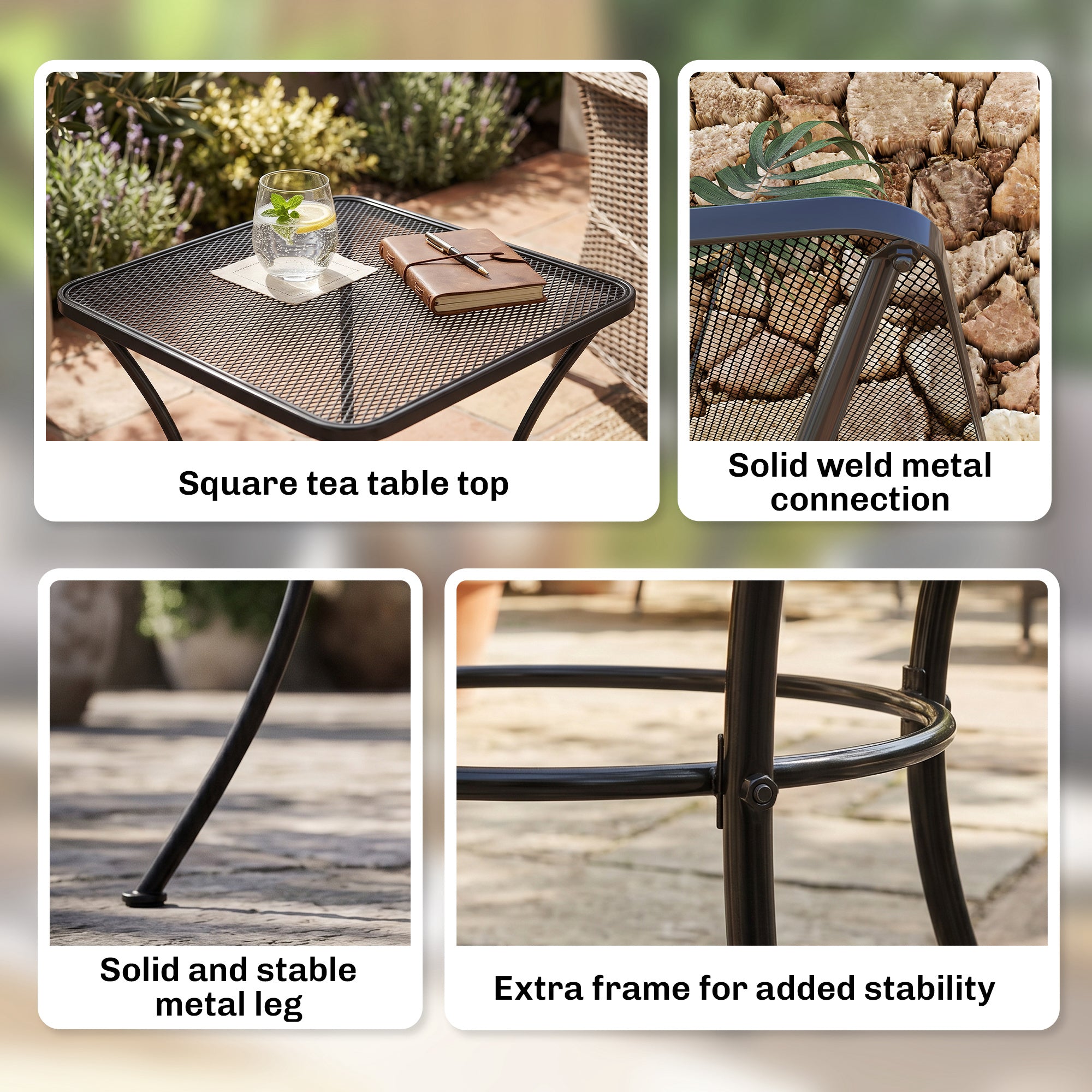 Square Outdoor Side Table, Metal Outdoor Patio Table, Garden Coffee Side Bistro Tables with Mesh Grid Top for Balcony, Porch, Backyard, 17.7" x 17.7" x 19.7", Black