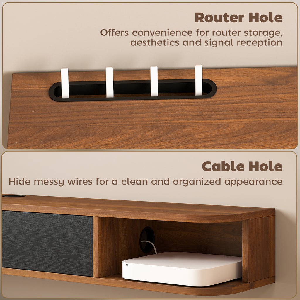 55" Floating TV Stand for TVs up to 60 Inch, Wall Mounted Media Console with Flip Drawer and 2 Open Shelves, Walnut
