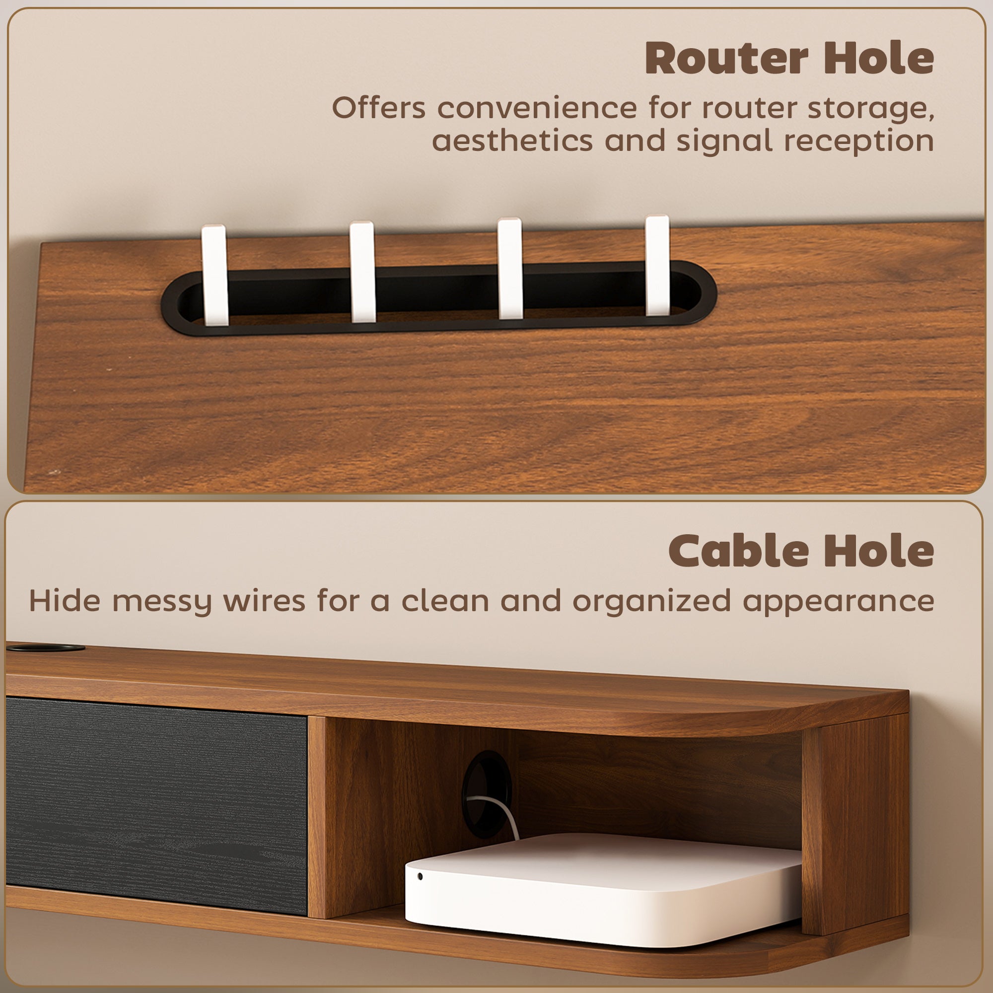 55" Floating TV Stand for TVs up to 60 Inch, Wall Mounted Media Console with Flip Drawer and 2 Open Shelves, Walnut