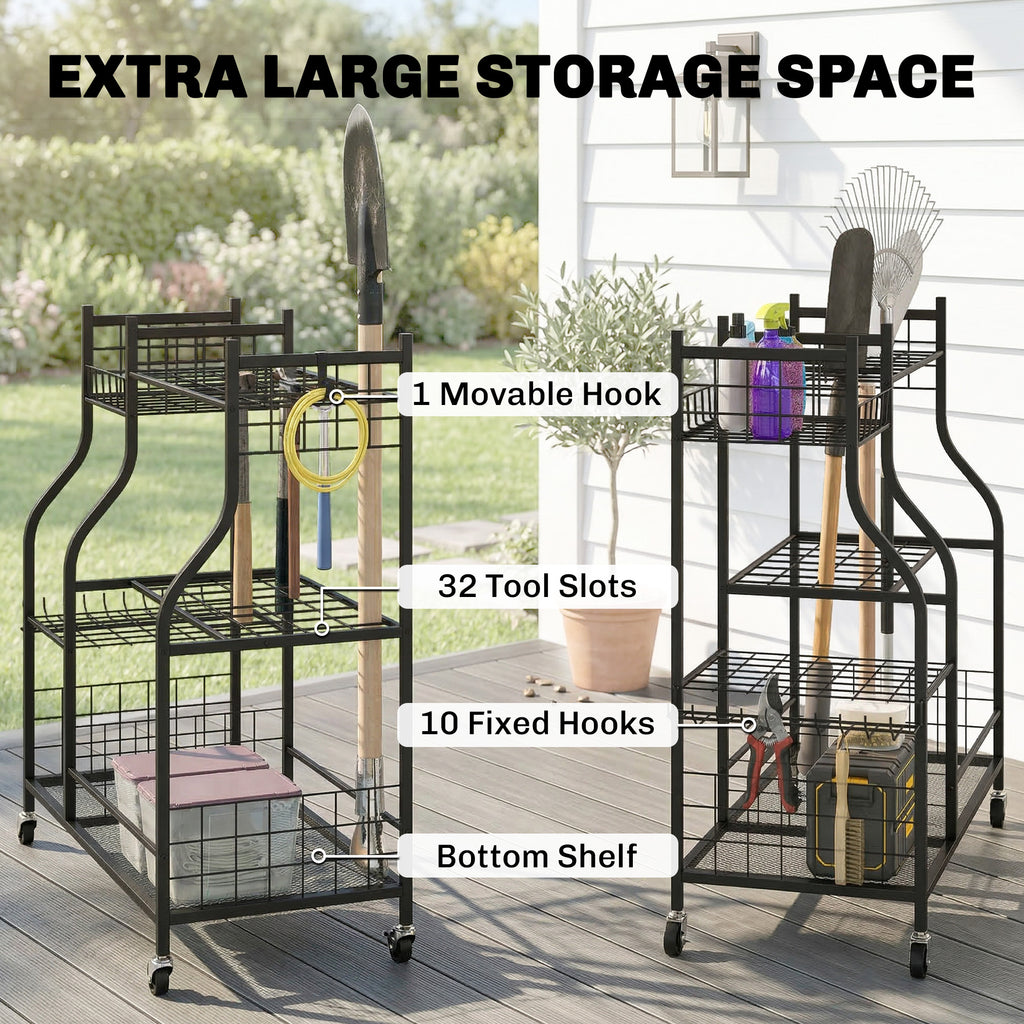 Garden Tool Organizer for Garage, 3-Tier Yard Tool Storage Rack with 32 Slots, 4 Wheels and 11 Hooks