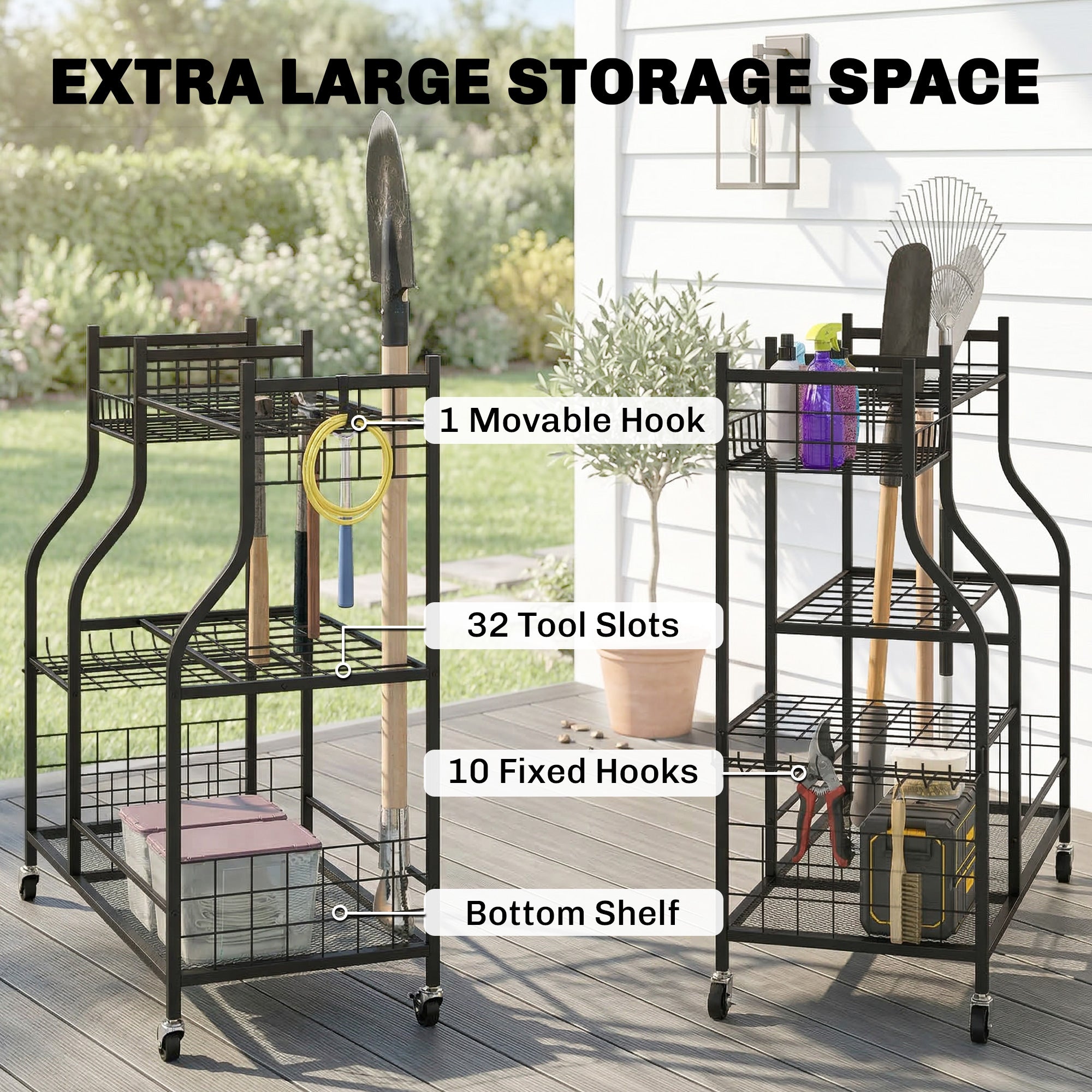 Garden Tool Organizer for Garage, 3-Tier Yard Tool Storage Rack with 32 Slots, 4 Wheels and 11 Hooks