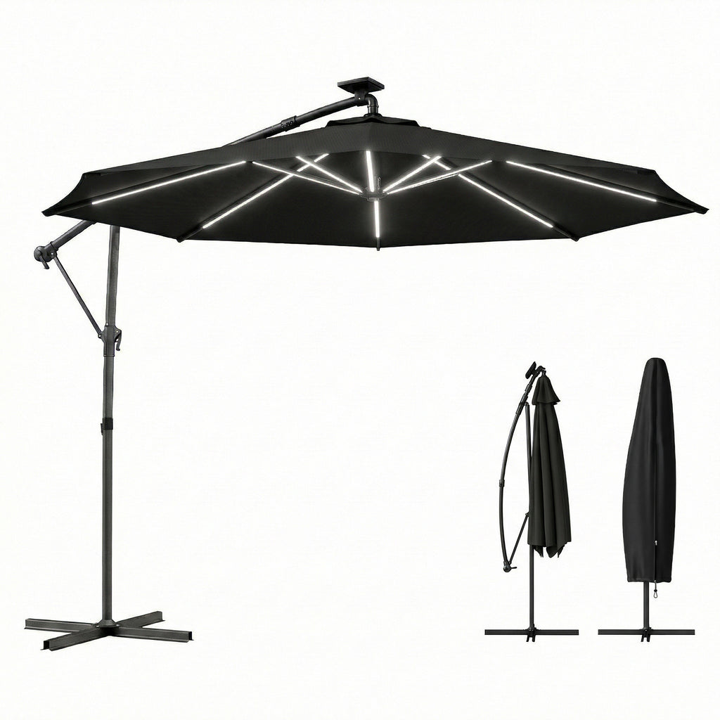 10 ft Offset Patio Umbrella with Solar Light, Garden Hanging Parasol with 360Â° Rotation, Tilt, Cover, Black