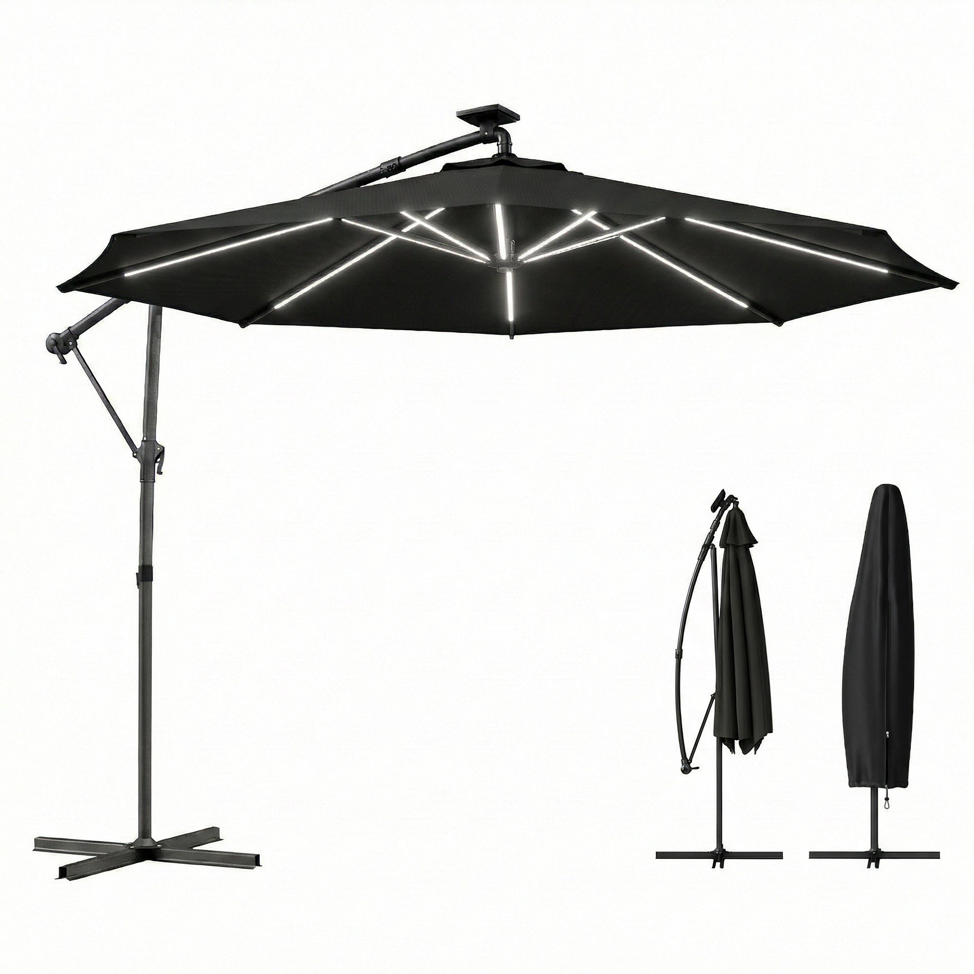 10 ft Offset Patio Umbrella with Solar Light, Garden Hanging Parasol with 360Â° Rotation, Tilt, Cover, Black